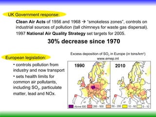 UK Government response:
     Clean Air Acts of 1956 and 1968  “smokeless zones”, controls on
     industrial sources of pollution (tall chimneys for waste gas dispersal).
     1997 National Air Quality Strategy set targets for 2005.
                        30% decrease since 1970
                                  Excess deposition of SO2 in Europe (in tons/km2)
European legislation:                             www.emep.int
    • controls pollution from
    industry and now transport
    • sets health limits for
    common air pollutants,
    including SO2, particulate
    matter, lead and NOx.
 