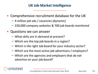 UK Job Market Intelligence
• Comprehensive recruitment database for the UK
– 4 million job ads / vacancies (dynamic)
– 220,000 company websites & 700 job boards monitored
• Questions we can answer
– What skills are in demand at present?
– Which are the top job boards in a region?
– Which is the right Job board for your industry sector?
– Which are the most active job advertisers / employers?
– Which are the agencies and employers that do not
advertise on your job board?
#12From Big Data to Smart Data (Semantic Days 2013) May 2013
 