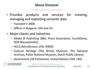 About Ontotext
• Provides products and services for creating,
managing and exploiting semantic data
– Founded in 2000
– Offices in Bulgaria, USA and UK
• Major clients and industries
– Media & Publishing (BBC, Press Association, EuroMoney,
NDP Nieuwsmedia)
– HCLS (AstraZeneca, UCB, NIBIO)
– Cultural Heritage (The British Museum, The National
Archives, Polish National Museum, Dutch Public Library)
– Government (UK Parliament, United Nations FAO, LMI)
#2May 2013From Big Data to Smart Data (Semantic Days 2013)
 