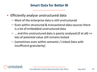 Smart Data for Better BI
• Efficiently analyse unstructured data
– Most of the enterprise data is still unstructured
– Even within structured & transactional data sources there
is a lot of embedded unstructured data
– … and this unstructured data is poorly analysed (if at all) =>
lots of potential value still remains locked
– (sometimes even within semantic / Linked Data with
insufficient granularity)
#9From Big Data to Smart Data (Semantic Days 2013) May 2013
 