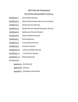 SD27J Records Management RECORDS MANAGEMENT MANUAL SCHEDULE 1        School Board Records SCHEDULE 2        General Administrative Records of the DistrictSCHEDULE 3        Student Services Records  SCHEDULE 4        Special Services (Special Education) Records SCHEDULE 5        Building and Grounds Records  SCHEDULE 6        Student Activities Records SCHEDULE 7       Financial Records SCHEDULE 8        Transportation Records SCHEDULE 9        Instruction Records SCHEDULE 10       Library and Media RecordsSCHEDULE 11        Food Service Records SCHEDULE 12     Personnel Records APPENDICES Appendix A.  Non-Records Appendix B.  Glossary Appendix C.  Shredding of Documents SCHEDULE 1:  SCHOOL BOARD RECORDS General Description:  Records generally relating to the elected school board and its members that govern the school district.  The specified retention period applies to the information contained within the record, regardless of the physical format of the record (paper, microfilm, computer disk or tape, optical disk, etc.). Duplicate Copies:  Provided that no retention period is specified for duplicate copies, retain those that are created for administrative purposes for 1 year, and retain those created for convenience or reference purposes until no longer needed or for 1 year, whichever is first. Duplicate copies should not be retained longer than the record copy. MINUTES OF THE MEETINGS OF THE BOARD OF EDUCATION that record the issues that come before the board at all official meetings and the board’s decisions to these issues.                          Retention:                   Permanent  LEGAL OPINIONS requested by the Board and supplied by school district counsel or the courts that provide legal guidance on various matters pertinent to the school district.                          Retention:                   Permanent  CERTIFICATION OF SCHOOL BOARD ELECTION RESULTS that have been validated and affirmed by the county clerk and record the number of votes each prospective board member or board ballot issue received.                          Retention:                   Permanent  ORGANIZATION AND REORGANIZATION RECORDS OF THE SCHOOL DISTRICT that may include but are not limited to:  Citizen petitions  Legal descriptions and maps  Requests for exclusion  Mill levy data  Election results  Court orders  Retention:                   Permanent  BOARD MEETING PACKETS that include summary and detail information to be considered at the upcoming Board meeting.                          Retention:                   Permanent   BOARD MEETING AGENDAS that provide the schedule of topics that the Board will consider at each meeting.                          Retention:                   1 year  SCHOOL BOARD ELECTION RECORDS that include but are not limited to:  Absentee voter ballots  Election ballots  Voter signature cards  List of registered voters  Retention:  30 days after the election provided the election or the results of it have not been challenged. Should an election be contested all records are to be retained until such time that the appropriate court allows them to be destroyed. BOARD POLICY AND PROCEDURES MANUAL that identifies the official district policies and procedures that are to be followed by staff and students                          Retention:                   Permanent SCHEDULE 2:  GENERAL ADMINISTRATIVE RECORDS OF THE DISTRICT General Description:  Records generally relating to the administration and direction of the school district’s various programs.  The specified retention period applies to the information contained within the record, regardless of the physical format of the record (paper, microfilm, computer disk or tape, optical disk, etc.).   Duplicate Copies:  Provided that no retention period is specified for duplicate copies, retain those that are created for administrative purposes for 1 year, and retain those created for convenience or reference purposes until no  longer needed or for 1 year, whichever is first.  Duplicate copies should not be retained longer than the record copy.       ,[object Object],     Retention:6 years    ,[object Object],  Retention:Duration of the agreement or contract plus 6 years, to include any terms limiting action there under   ,[object Object],  Retention:Permanent   ,[object Object],Retention:Permanent   ,[object Object],  ,[object Object],  Retention:2 years, provided records have no long-term value   b.      Specific Purpose Committees   Retention:Until work of the committee ends and there is no long- term value. ,[object Object],  Retention:2 years after response or action by the school district, and all rights of appeal have been exhausted   ,[object Object],  Retention:2 years    ,[object Object],  Retention:Permanent    ,[object Object],  Retention:Follow the School District’s E-mail Policy    ,[object Object],  Retention:2 years or until no longer needed for reference    11.MAPS & DRAWINGS that relate to building construction and/or remodeling, site plans, engineering, cartographic or other graphic presentations that are needed for the continued operation of the school district and its facilities.   Retention:Permanent    12.NEWS RELEASES that are prepared statements or announcements issued to the news media regarding school board decisions, changes is senior administrative personnel, and or program changes or termination of specific school programs. It should be noted that major policy or historical news releases should be retained indefinitely.  Retention:4 years 13.POLICY and PROGRAM DEVELOPMENT RECORDS that document the formulation and adoption of policies, procedures and functions of the school district. Includes narrative and/or statistical reports, related correspondence on program activities, organizational charts and records related to significant events in which the school district participated.   Retention:Permanent    14.PUBLICATIONS that are produced for wide internal or external distribution, including district brochures, pamphlets, studies, proposals, newsletters, proposed instructional materials, and similar materials produced and made available to the public. One copy should be retained permanently and extra copy destroyed.   Retention:Permanent   15.REPORTS (Daily, Monthly, Quarterly) that are prepared by various school district departments regarding the educational operation and/or activities, and are for use in compiling other reports, planning and budgeting, monitoring academic achievement and progress, etc…. Retention:3 years 16.STUDIES & PLANS prepared by the school district or contractors for the district. Examples include feasibility studies, planning and land use, population estimates, educational achievement, capital projects, transportation projections and other documents that have long-term reference or historical value to the school district.   Retention:Permanent   17.TRAINING & CONFERENCE MATERIALS that document school  employees at seminars, conferences or other training events not sponsored by the school district...   Retention:2 years  SCHEDULE 3:  STUDENT SERVICES RECORDS General Description:  Records generally relating to academic records of children within the school district.  The specified retention period applies to the information contained within the record, regardless of the physical format of the record (paper, microfilm, computer disk or tape, optical disk, etc.). Duplicate Copies:  Provided that no retention period is specified for duplicate copies, retain those that are created for administrative purposes for 1 year, and retain those created for convenience or reference purposes until no longer needed or for 1 year, whichever is first.  Duplicate copies should not be retained longer than the record copy. NOTE:  RECORDS OF THE STUDENT FROM ELEMENTARY, MIDDLE AND JUNIOR HIGH SCHOOL SHOULD BE MERGED INTO THE STUDENT PERMANENT RECORD WHEN HE OR SHE REACHES HIGH SCHOOL.  STUDENT PERMANENT RECORD:  These records are divided into three categories: personal information, enrollment history and academic performance. Each Colorado school district keeps information about students in different ways and on different forms. Therefore, the retention schedule presents the kinds of information or data elements that are maintained in files, rather than the names of the forms on which information may be found.  ,[object Object],Student’s identification numberA number used for recordkeeping purposes. It might be one assigned by the district or a Social Security number  Legal name of student  Legal name of parent or guardian  Date of birth  Sex  Address  Telephone number  Immunization record for withdrawals B.  Enrollment History – This information may be with the transcript or it may be on a different form, depending upon the district. It consists of the following: Exact date the student enrolled in the district  Name, city and state of the previous school(s) attended outside the district  The schools attended within the district  The dates and grade levels of the student  Date the student withdrew or graduated from the district  Name, city and state of the school to which the student is withdrawing  C. Academic Performance – usually found on the transcript or on report cards. Classes and/or grade level taken  Semester grades  Postsecondary courses/semester grades  Standardized test scores  Advanced placement (AP) test scores  Grade point average (GPA)  Class rank  College placement test scores (i.e., ACT/SAT)  Retention:Permanent  Student Fall Enrollment Report (October Count) (Report to the Colorado Department of Education of the number of students enrolled.)  Retention:Permanent Student End of School Year Enrollment Report to the Colorado Department of Education that reports the number of students in school at the close of the academic year.  Retention:Permanent  Student Cumulative Records that contain optional information on students attending school in the district.  The record may contain but is not limited to:  Other such information as shall enable school officials to counsel with students and plan appropriate activities.  Immunization record for graduates/withdrawalsThe certificate of immunization shall be returned to the parent(s) or guardian or the emancipated student or student eighteen years of age or older when a student graduates,  withdraws, transfers, is promoted, or otherwise leaves the school, or the school shall transfer the certificate with the student’s school record to the new school. Upon a college or university student’s request, the official certificate of immunization shall be forwarded as specified by the student.   Ethnic codeThis code is of use only to the district in which the student is enrolled.  Withdrawal Grades (sometimes called grades in progress)Withdrawal grades are not official grades, i.e., no credits are earned. Their purpose is to facilitate enrollment at the student’s next school.  Supplementary programsExamples of such programs are gifted and talented, bi-lingual, English as a Second Language (ESL), Chapter 1, etc.  Health recordsHearing and vision screenings, visits to the school clinics, or similar records are not required information.  Signed releases of recordsThe purpose of this record is to document whether or not student record information was released, as requested by the parent or student.  Progress reportsMid-semester grades which inform parents and students of how the student is doing. These are not official grades and do not have long-term value.  Out-of-district records  School fines  Emergency information  Marriage licensesStudents may obtain a copy from the state or country in which they were married. It is not the responsibility of the school district to maintain these records permanently.  Birth certificatesStudents may obtain a copy from the state or country in which they were born. It is not the responsibility of the school district to maintain these records permanently.  Court orders denying access to records  AdoptionsThe child’s legal name should be changed on the transcript, although the previous name should also remain part of the transcript. It is not the responsibility of the school district to maintain permanent adoption records.  GuardianshipsIt is not the responsibility of the school district to maintain guardianship records.  GED recordsThis information is retained permanently at the Colorado State Department of Education.  ,[object Object],Student Drop Out Records are distinct from the student cumulative record and are maintained as a separate file.  Retention:10 years  Student Transfer In-Transfer Out Records  are distinct from the student cumulative record and are maintained as a separate file.  Retention:10 years  New Student Orientation Schedules.  Retention:1 year  Report Cards that document the periodic report by a school about a student’s academic, social, emotional, and physical progress.  Information includes but is not limited to full legal name of student; teacher’s name; name and address of school; indication of attendance during reporting period; grades; and other related information.)  Retention:1 year after school year in which records were created provided semester grade is recorded in the student permanent record  Student Schedules File of forms completed by school personnel for student scheduling into class.  Information includes printouts of student schedules, class lists, student class assignments and requests for change of schedule.  Retention:Until no longer needed for administrative purposes, then destroy  Student Discipline, Suspension, and Expulsion Records documenting inappropriate student behavior and corrective actions taken.  Information includes referral and action form, notes, letters to parents, suspension documentation, detention documents, hearing notices, bus driver referrals, statements and conference notes.  Retention:(1) When suspended and subsequently expelled permanently: Transfer to Student Permanent Record File and retain until student reaches the age of 21.(2) When disciplined or temporarily suspended and returned to school with no further rules infractions: 3 years  Student Truancy Records  Records created to document student’s excessive absences and action taken to correct the problem by school personnel.  Information includes referral and action forms, letters to parents, attendance profile sheets, correspondence, release forms, copies of initial court petitions, copies of court orders, hearing notes, affidavits and visitation documentation.  Retention:3 years after school year in which records were created SCHEDULE 4:  SPECIAL SERVICES/SPECIAL EDUCATION RECORDS General Description:  Records generally relating to special needs of children within the school district.  The specified retention period applies to the information contained within the record, regardless of the physical format of the record (paper, microfilm, computer disk or tape, optical disk, etc.). Duplicate Copies:  Provided that no retention period is specified for duplicate copies, retain those that are created for administrative purposes for 1 year, and retain those created for convenience or reference purposes until no longer needed or for 1 year, whichever is first.  Duplicate copies should not be retained longer than the record copy. SPECIAL SERVICES STUDENT FILE  Records may include but are not limited to: IEP and Supporting Documentation  ISP (Individual Service Plan)  IFSP (Individual Family Service Plan)  Testing Documentation  Health Record  Psychological Report  Student Achievement  Referrals, Permissions & Notices  Student Assessment Reports  Evaluations and Accompanying Reports  Outside Agency Information  Literacy Plan  Behavior Support Plan  Communication Plan  Health Plan  Service Plan  Request for Records  Record of Access  Retention:Five years after all special services/special education and related services have ended PROVIDED that the school district has issued a notification of pending destruction to the parents and/or guardians. SCHEDULE 5:  BUILDINGS & GROUNDS RECORDS General Description:  Records generally relating to the construction and operation of facilities and grounds within the school district.  The specified retention period applies to the information contained within the record, regardless of the physical format of the record (paper, microfilm, computer disk or tape, optical disk, etc.). Duplicate Copies:  Provided that no retention period is specified for duplicate copies, retain those that are created for administrative purposes for 1 year, and retain those created for convenience or reference purposes until no longer needed or for 1 year, whichever is first. Duplicate copies should not be retained longer than the record copy. CONSTRUCTION PROJECT FILES  Records may include but are not limited to: Surveys and plot plans that pertain to school real estate  Final blueprints, specifications and shop drawings and all modifications made thereto  ADA plan  Evacuation plan  Federal and state environmental reports (asbestos, lead, radon etc.)  Certificate of occupancy and final building inspection reports  Retention:                   Permanent             DEEDS TO REAL PROPERTY that legally convey the land to the school district ownership and include the filing reception number in the county clerk and recorder’s office.  Retention:                   Permanent  BUILDING KEY SCHEDULES that itemize the list of different master     keys and individual keys, and the assigned holders of those keys.  Retention:                   Until superceded plus 1 year  INVENTORY OF BUILDINGS OR GROUNDS EQUIPMENT that itemizes the equipment assigned to each school or facility.  Retention:                   Until superceded plus I year   MAINTENANCE RECORDS FOR EACH SCHOOL FACILITY that record the service and repair record on the building and equipment.  Retention:                   Life of the equipment or 10 years whichever comes later  RECORD OF UTILITY USAGES documents the electricity, gas, water or other utility that each building consumes each month or year.  Retention:                   5 years or until no longer needed  APPLICATION AND APPROVAL FOR USE OF SCHOOL PREMISES for purposes other than regular school activities.  Retention:                   1 year  WORKING DRAFTS OF PROPOSED DRAWINGS/PLANS that are used to provide for making estimates and other needs before proceeding to request official cost estimates for construction or alteration work.  Retention:                   2 years  SCHEDULE 6:  STUDENT ACTIVITIES RECORDS General Description:  Records generally relating to the operation of student activities programs, athletic events, clubs and organizations within the school district.  The specified retention period applies to the information contained within the record, regardless of the physical format of the record (paper, microfilm, computer disk or tape, optical disk, etc.). Duplicate Copies:  Provided that no retention period is specified for duplicate copies, retain those that are created for administrative purposes for 1 year, and retain those created for convenience or reference purposes until no longer needed or for 1 year, whichever is first.  Duplicate copies should not be retained longer than the record copy. SCHOOL YEARBOOKS    that are printed each year to record the highlights of the school year and document those students who attended each grade level.  Retention:                   Permanent  STUDENT SCHOOL POLICY HANDBOOK that inform and advise the student of the Board of Education rules and regulations and any specific school building requirements.  Retention:                   Until superceded  STUDENT ORGANIZATION RECORDS that serve the as the by-laws, election documentation and minutes of the organization. Some of these organizations are:  National Honor Society  Future Homemakers of America  Future Farmers of America  Future Business leaders of America  Student Council and other school clubs  Retention:                   Until no longer needed by the organization  ALUMNI LISTS that identify the names of students who have graduated.  Retention:                   Until updated    SCHOLARSHIP AWARDS that document the students and scholarships that were awarded to them.  Retention:                   5 years   SCOREBOOKS (ATHLETICS) that have recorded the game scores and statistics for various athletic events.  Retention:                   5 years  ATHLETIC EQUIPMENT INVENTORY a summary of authorized uniforms, equipment and other athletic support items necessary for class instruction or interscholastic sports.  Retention:                   Until audited plus 2 years  ATHLETIC AGREEMENTS BETWEEN SCHOOLS provide for the specifics of when and where an athletic event will be played and who will provide for officiating and other contest requirements.  Retention:                   2 years after expiration of the agreement  ATHLETIC OFFICIALS CONTRACTS these are independent game contracts that an official agrees to officiate on a specific day and time for a set fee. Most, if not all, are coordinated with the Colorado High School Activities Association.  Retention:                   2 years  ATHLETIC CONFERENCE REPORTS may document the reporting required by the athletic conference, proposed game schedules and other procedural information.        Retention:                   2 years or until no longer needed  ATHLETIC ELIGIBILITY CERTIFICATES AND REPORTS that verify the eligibility of students to participate in interscholastic events.  Retention:                   1 year  ATHLETIC EVENT SCHEDULES, which identify the date, time, location and team being played.  Retention:                   2 years  PHYSICAL EDUCATION EXCUSES that exempt a student from physical education classes or contests.  Retention:                   Until no longer needed SCHEDULE 7:  FINANCIAL RECORDS General Description:  Records documenting and ensuring accountability for the receipt and expenditure of public funds.  The specified retention period applies to the information contained within the record, regardless of the physical format of the record (paper, microfilm, computer disk or tape, optical disk, etc.). Duplicate Copies:  Provided that no retention period is specified for duplicate copies, retain those that are created for administrative purposes for 1 year, and retain those created for convenience or reference purposes until no longer needed or for 1 year, whichever is first. Duplicate copies should not be retained longer than the record copy. ACCOUNTS PAYABLE RECORDS – that serve as the basis for payment of bills by the school district, including copies of bills paid, copies of checks, invoices, purchase orders and receiving reports, and correspondence with vendors.  Accounts Payable Records in General  Retention:    6 years + current Balance Sheets  Retention:    Until updated Bills Paid – Includes invoices and statements.  Retention: 6 years + current Charge Slips and Credit Card Statements – Documentation of charges for items such as printing and meals or credit card transactions.  Retention:     2 years + current Credit Card Records – Records of credit cards issued to the school district for official school use.  Retention:    1 year + current after cancellation Expense Records -  Records maintained to document travel, mileage, claims for reimbursement and other expenses of school officials while on educational business, including requests, authorizations, reimbursements and other similar.  Retention:    2 years, provided audit has been competed Form 1099 – Sent to vendors such as contractors when the vendor’s charges for services exceed $600 for the year.  Retention:    4 years Petty Cash Records – Records of petty cash funds account and requests for petty cash for various purposes.  Retention:    1 year + current Vendor Files – Files maintained as a unit to track accounts payable activity for specific vendors, including information such as Federal Taxpayer Identification Number, name and address, correspondence, copies of checks, etc.  Retention:    6 years + current  ACCOUNTS RECEIVABLE RECORDS that serve as the basis for collection of amounts owed by vendors, organizations and citizens having accounts with the school district and documentation of billing and collection of monies.  Accounts Receivable Records in General   Retention:  2 years + current Balance Sheets   Retention:    Until updated Cash Books, Receipts and Reports – Cash book showing receipts, cash account pre-edit listing, daily cash reports and other documentation of receipt of monies for fees, parking tickets, rentals, registrations, etc.         Retention:    2 years + current Cash Register Validation Tape         Retention:    1 year + current Invoices and Statements Issued by School District – Billings by school district to outside companies or institutions for damages, supplies, services or repairs, etc.         Retention:    6 years + current  ,[object Object],Audit Reports – Annual or special reports prepared by external auditors examining and verifying the school district financial activities or the financial activities of a fund, department or other component of the municipal government.  Retention:    Permanent Audit Work Papers – Documentation consisting of routine correspondence with auditors and copies of school district records compiled for use by auditors in performing an audit.  Retention:    2 years + current after completion of audit  BANK RECORDS that document the current status and transaction activity of school district funds held at banks  Bank Statements – Monthly statements showing the amount of money on deposit to the credit of the school district  Retention:    6 years + current Check Records  Cancelled Checks  Retention:     6 years + current Duplicate Copies of Checks – Carbon copies or photocopies of checks issued and maintained solely as a quick reference source.  Retention:    1 year + current Register – Check – Chronological listing of check entries.  Retention:    6 years + current Stubs – Check  Retention:    1 year + current Deposit Pass Books – records of school district savings account deposits, withdrawals and balances.                      Retention:    6 years + current Deposit Slips – Bank cashiers’ slips showing amount and date of deposit of monies into school district accounts.  Retention:    1 year + current Reconciliations  Retention:    6 years + current Trial Balances                      Retention:    2 years + current  BOND ISSUE RECORDS  Bond Issue Files – Records that document the authorization to finance school improvements through bonded indebtedness and implementation of school bond issues, including bond anticipation notes, industrial development revenue bonds, general obligation bonds, revenue and refunding bonds, water bonds and special improvement bonds; usually include correspondence and general documentation, authorizations supporting financial arrangements, bond ratings, contracts or sales agreements, and sample copies or specimens of bonds sold as evidence of school district indebtedness.  Retention:    2 years after final payment Bond Issue Proceedings Books – Certified record of proceedings related to a bond issue, containing specimen (usually original) documents related to the approval process and issuance of bonds typically compiled in book form for presentation to the school district by the bond agent or bond counsel.  Retention:    Permanent Bonds, Notes and Coupons Paid – Cancelled or redeemed bonds and coupons received from paying agents throughout the lifetime of the bond issue; cancelled upon receipt.  Retention:    1 year after maturity Bond Registers and Ledgers – Used to document the redemption of coupons for school district bonds.  Bond registration and redemption transactions may be handled by a bond registration or paying agent for some school districts.  Retention:    Permanent  BUDGET RECORDS  Budget – Final Adopted – Final financial plan for the budget established by the school district as approved by the school board for the allocation and budgeting of all expenditures of the school district .  Retention:    Permanent Duplicate Copies:    Until superceded Budget – Preliminary – Draft version of the budget presented for public inspection and review prior to consideration of the budget by the school board.  Retention:    1 year after adoption of final budget Duplicate Copies:    Until final budget is adopted Budget Reports   Monthly or Quarterly Reports – Periodic reports regarding the status of receipts and disbursements in comparison to the adopted budget.  Retention:    2 years + current Year-End Reports – Summary annual budget reports compiled at year-end.  Retention:    6 years + current Budget Work Papers – Papers used to assist in the preparation and review and decision-making processes for department budget request, including reports, budget instructions, work sheets, spending plans, budget proposals, financial forecasing reports and similar records.  Retention:    1 year + current  FEE AND RATE SCHEDULES that document the fees and rates collected by the school district for various services.  Retention:    Retain current and previous schedules  FINANCIAL GUARANTEES – Records relating to the acquisition and release of various forms of financial guarantee – including escrow accounts, letters of credit, liens, promissory notes – required by the school district from other parties to ensure performance, payments or the completion of certain specified actions, such as the completion of projects, required improvements or the payment of delinquent bills or assessments.  Retention:    1 year after expiration, completion of guaranteed project (if applicable) or release of the guarantee by the school district   Fixed Asset Records – Inventories and listings kept to track and control the fixed assets of the school district, including buildings, real estate, office equipment, tools, machinery, and other equipment.   Annual Reports – Work sheets compiled for annual reports listing totals of all fixed assets, purchases and disposition of assets.  Retention:    Until superseded Auction Records – Summary reports and other records of school district property sold at public auction.  Retention:    2 years + current Depreciation Detail  Retention:    3 years + current Disposition Records – Records of disposal of school district property (non real estate) and unclaimed, abandoned or confiscated property such as bicycles and computer equipment by competitive bidding or destruction, including date, department name, description of item, value, disposition, method and reason for disposition, condition, value and approvals.  Retention:    3 years + current after disposition of property Fixed Asset Files – Listings of all school district property (buildings and real estate), vehicles, equipment and furniture.  Includes description, cost, date purchased, location, name of vendor and depreciation.  Retention:    10 years Inventories – Fixed Assets – Listings of expendable and non-expendable property of the school district, including buildings, real estate, vehicles, furniture, equipment, supplies and other items owned or administered by the school district.  Retention:    Until revised + 1 year Surplus Property Records – Documentation of the sale of surplus real property, including invitations, bids, acceptances, lists of materials, evidence of sales and related correspondence.  Retention:    6 years after final payment   TRUST FUND RECORDS – Documentation of bequests to the school district  Retention:    2 years after trust fund closed  GOVERNMENT REVENUE PROGRAMS – Records pertaining to governmental programs allocating state or federal revenue sharing funds to school district for specific purposes.  Federal Revenue Programs Federal Excise Tax – Exemption certificates from gasoline vendors issued to the school district, which are required for allowance of federal tax credits for vendors to bill less the excise tax.  Retention:    6 years + current Revenue Sharing – Documentation and reports of the school district’s receipt and reallocation of federal revenue sharing funds, including public notices, expenditure records and reports, project records, financial and payroll records, etc.  Retention:    6 years + current Instructions for Completing Government Forms  Retention:    Until superseded or obsolete  GRANT RECORDS – Files pertaining to applications for grants and the administration, monitoring and status of grants received by the school district from private and governmental sources.  Awarded Grants – Documentation of awarded grants that are accepted by the school district, including records of grant application, performance under the grant, grant contracts and agreements, annual and final performance reports.  Retention:    Duration of grant + 6 years Rejected Grants – Documentation of grants applied for by the school district and either rejected by the grantor or not accepted by the school district.  Retention:    2 years + current after rejection or withdrawal Reports – Grant Funded Programs – Periodic reports on the administrative and fiscal operations of federal or state funded programs compiled on a monthly, quarterly, or semi-annual basis.  Retention:    3 years after completion of all applicable audits Supporting Documentation – Background supplemental information relating to grant applications and administration.  Retention:    3 years after conclusion of the grant  INSURANCE RECORDS  Certificates of Insurance – Documentation provided by insurance providers as proof of insurance coverage for specific purposes.  Major School District  Retention:    10 years after substantial completion Other Certificates of Insurance  Retention:    6 years after expiration Claim Records – Records of claims for damages made by the school district against other parties and made by other parties against the school district.  Claim Records – Statements of claims and completed claim forms.  Retention:    6 years + current Claim Reports – Summary reports regarding handling and disposition of claims made against the school district and/or its insurance company by other parties  Retention:    6 years + current Employee Insurance Claim Records – Records pertaining to employee claims for medical, dental, long term disability and other insurance coverage.  Retention:    3 years + current after incident is closed and all rights of appeal have expired Insurance Policies – Documents issued by the insurance company to outline liability, theft, fire, accident, property damage and other coverage and risk control standards for the school district under the insurance policy.  Retention:    6 years after expiration of policy, or after all claims made under the policy are settled, whichever is later   INVESTMENT RECORDS – Records documenting various investments made by the school district.  Bank Statements – Investments  Retention:    2 years after investment ends Certificates of Deposit – Registers  Retention:    6 years after maturity Money Market Certificates  Retention:    6 years + current after maturity Reports – Investment of Funds  Retention:    6 years provided audit has been completed Saving Bond Records  Retention:    6 years + current after final payment Treasury Bills and Notes  Retention:    6 years + current after maturity  LEDGERS AND JOURNALS  General Ledger – Year-end summary of receipts and disbursements by account and fund reflecting the general financial condition and operation of the school district.  May also include documentation from subsidiary ledgers to general ledger an accounting adjustments in the form of general entries.  Retention:    Permanent Subsidiary Ledgers and Journals – Daily, monthly or quarterly transaction detail showing receipts and expenditures such as depositor payment amount, date payee, purpose, fund credited or debited, and check number; provides backup documentation to General Leger.  In General Retention:    2 years    LOAN RECORDS – Records of loans entered into by the school district  Retention:     6 years + current after payment and cancellation  PURCHASING RECORDS – Records pertaining to procurement of services or commodities, including purchase requisitions, purchase order, vouchers, field order, work orders, invoices and supporting documentation for purchases.  Purchasing Records in General (Orders and Requisitions)  Retention:    4 years + current Bids – Bids, quotes and proposals regarding services and commodities received by the school district in response to solicitations.  Accepted Bids – Received from successful bidders.  Retention:    6 years _ current after acceptance of the bid Rejected/Unsuccessful Bids – Received from unsuccessful bidders.  Retention:    2 years + current Unsolicited Bids – Received from bidders without solicitation   Retention:    2 years + current Lease-Purchase Records – Records pertaining to the acquisition of property by lease-purchase transactions.  Retention:    Term of lease-purchase arrangement + 6 years Procurement and Purchasing Policies – Directives, memoranda or manuals pertaining to policies established by the school district for the procurement of commodities and services  Retention:    Permanent Duplicate Copies:    Until superseded Purchasing Control Forms – Purchase orders, purchase requisitions, field purchase orders, vouchers and other forms documentation to procurement process.  Retention:    6 years + current Solicitations and Specifications – Requests for proposals (RFPs), requests for quotations (RFQs), and other solicitations by the school district for competitive bids, proposals or quotes for the provision of services or commodities; includes bid specifications.  Retention:    6 years + current State Bid List  Retention:    Until superseded Vendor Lists – Listings of vendors providing goods and services to the school district, usually including names, addresses, phone numbers, description of goods or services provided.  Retention:    Until superseded or obsolete  REPORTS – FINANCIAL – Reports created for internal use to document the status of funds, bank accounts, investments and other accounting of school district funds,  including financial projection reports.  Annual Financial Reports – Statistical reports on the financial affairs of the school district or specific departments, including a statement on the value of all school district owned property and an accounting of all income and expenditures in relationship to the final budget.  Retention:    Permanent County Treasurer’s Reports – Periodic reports of the County Treasurer regarding the distributions of taxes collected on behalf of the school district, including information regarding taxes collected, interest and fees.  Retention:    10 years + current Revenue and Expenditure Reports – Reports including information regarding cost analysis, itemized expenditures and revenue sharing.  Retention:    6 years + current Departmental Expenditure Reports  Retention:    1 year + current Financial Reports – Monthly  Retention:    2 years + current   CASH RECEIPT JOURNALS  Retention:    2 years + current  WORKSHEETS  FINANCIAL – Documents such as rough notes, calculations or drafts assembled or created and used to prepare or analyze other documents; spreadsheets, worksheets, preparatory notes, tentative financial estimates and projections, and other documentation of a preliminary or deliberative and transitory nature.  Retention:    Until no longer needed. SCHEDULE 8:  TRANSPORTATION RECORDS General Description:  Records generally relating to the operation and maintenance of the school district’s transportation program.  The specified retention period applies to the information contained within the record, regardless of the physical format of the record (paper, microfilm, computer disk or tape, optical disk, etc.). Duplicate Copies:  Provided that no retention period is specified for duplicate copies, retain those that are created for administrative purposes for 1 year, and retain those created for convenience or reference purposes until no longer needed or for 1 year, whichever is first.  Duplicate copies should not be retained longer than the record copy. DRIVER QUALIFICATION FILE – to include but not limited to:  CDE school bus driver annual written test  CDE small vehicle driver annual written test  Driving performance test  DOT medical report  Motor vehicle record check  First aid certificate  Commercial driving license (CDL) copy  Retention:                   6 years  DRIVER QUALIFICATION FILE CONTINUED – new hires:  Pre-service training record outline  Mountain driving written test  Adverse weather driving written test  CDL skills test  Retention:                   Until driver resigns, is terminated or retires  VEHICLE MAINTENANCE FILE – to include but not limited to:  Annual inspection form  Vehicle repair form  Preventive maintenance inspection form  Retention:                   Life of the vehicle or 10 years    DAILY PRE-TRIP INSPECTION SHEETS that verify the driver has completed the required inspections.  Retention:                   6 months   EMERGENCY EVACUATION DRILLS that document the driver’s knowledge and application of evacuation procedures.  Retention:                   3 years  EMERGENCY EVACUATION TALK CHECKLIST that spell out the correct and proper procedures for students and teachers to follow in the event of an emergency.  Retention:                   6 months  TRANSPORTATION SERVICE HOURS that detail the schedule of service for the district’s vehicles.  Retention:                   6 months  DRUG AND ALCOHOL TEST RESULTS that are required of transportation section employees.  Retention:                   5 years  IN-SERVICE TRAINING RECORD that documents the annual training provided to each driver and maintenance person.  Retention:                   6 years  FINGERPRINT REPORTS from the Colorado Bureau of Investigation and FBI  Retention:                   Until driver resigns, is terminated or retires  ANNUAL INSPECTOR FILES that verify an inspector’s competence in certain areas.  Initial certification  Hands on score sheets  nspector written test  Re-certification sticker  Brake inspector qualifications  Retention:                      Until inspector resigns, is terminated or retires SCHEDULE 9:  INSTRUCTION RECORDS General Description:  Records generally relating to the teaching instruction efforts that occur within the school district.  The specified retention period applies to the information contained within the record, regardless of the physical format of the record (paper, microfilm, computer disk or tape, optical disk, etc.). Duplicate Copies:  Provided that no retention period is specified for duplicate copies, retain those that are created for administrative purposes for 1 year, and retain those created for convenience or reference purposes until no longer needed or for 1 year, whichever is first.  Duplicate copies should not be retained longer than the record copy. DISTRICT TEST SCORES (STATE AND FEDERAL MANDATED) that reflect student academic achievement.  Retention:                   Permanent  TEXTBOOK INVENTORY of instructional books that are used in the classroom.  Retention:                   Retain until superceded + 1 year  TEACHER’S GRADE BOOKS that record the daily and term grades for each student.  Retention:   For a class in which a student gets a credit for graduation, until the students would have graduated from high school.                           APPLICATION FOR APPROVAL FOR MATCHING FEDERAL FUNDS TO TRAIN DRIVER EDUCATION TEACHERS  Retention:                   3 years + current  APPLICATION FOR FEDERAL MATCHING FUNDS TO PURCHASE DRIVER EDUCATION SIMULATION EQUIPMENT  Retention:                   3 years + current  COUNSELOR RECORDS that are used to counsel a student on specific and general aptitudes, and areas of student interest.  Retention:                   3 years + current  TEACHER PREP PLANS completed by the classroom teacher that identify the weekly educational objectives and/or goals of each class instruction period.  Retention:                   Until no longer needed SCHEDULE 10:  LIBRARY and MEDIA RECORDS General Description:  Records generally relating to the operation and maintenance of the school district’s library program.  The specified retention period applies to the information contained within the record, regardless of the physical format of the record (paper, microfilm, computer disk or tape, optical disk, etc.). Duplicate Copies:  Provided that no retention period is specified for duplicate copies, retain those that are created for administrative purposes for 1 year, and retain those created for convenience or reference purposes until no longer needed or for 1 year, whichever is first. Duplicate copies should not be retained longer than the record copy. ACQUISITION AND DEACCESSION RECORDS that document the process of requesting, purchasing and acquiring, as well as deaccessioning, books, periodicals, audio-visual, and other library materials.  Records may include but are not limited to accession and deaccession registers; correspondence with publishers; questionnaires; request forms; bibliographic data; receipt notations; and related documentation.                              Retention:         3 years + current   AUDIO-VISUAL MATERIALS AND EQUIPMENT LOAN RECORDS that document the loan, rental, scheduling, and delivery of audio-visual or media material and equipment to school, district, faculty or staff.  Records may include but are not limited to request forms; extension and cancellation records; borrower identification; title and material identification; shipping or delivery information; booking records; attendance and number of times media used or shown; usage statistics; accounting records concerning the cost of material; and related documentation.                              Retention:        3 years + current   ,[object Object],                            Retention:        6 years + current   ,[object Object],                            Retention:        3 years + current   ,[object Object],                            Retention:        Until updated + 1 year SCHEDULE 11:  FOOD SERVICE RECORDS General Description:  Records generally relating to providing food services within the school district. The specified retention period applies to the information contained within the record, regardless of the physical format of the record (paper, microfilm, computer disk or tape, optical disk, etc.). Duplicate Copies:  Provided that no retention period is specified for duplicate copies, retain those that are created for administrative purposes for 1 year, and retain those created for convenience or reference purposes until no longer needed or for 1 year, whichever is first. Duplicate copies should not be retained longer than the record copy. FOOD INVENTORIES that document all foods purchased, received and distributed by the schools.  Retention:         Until audited + 1 year   FOOD EQUIPMENT INVENTORIES  that record major pieces of equipment and include warranties and guarantees of cafeteria and kitchen equipment.  Retention:        Life of the equipment + 1 year  MENUS which list the planned food to be served for each school day.  Retention: 4 years + current year                                     DAILY FOOD PRODUCTION RECORD documenting the quantities of food used each day.  Retention: 4 years + current year   MEALS SERVED that identifies the daily number of meals served in each school.  Retention: 4 years + current year              PREPAID MEAL RECORD that records meal ticket information of payments made in advance.  Retention: 4 years + current year   FREE/REDUCED MEAL ROSTER  that lists the names of the participating students.  Retention: 4 years + current year                         FREE/REDUCED PRICE MEAL RECORDS  which include application for free or reduced prices and compliance and verification records.  May include additional criteria that a district uses in making a decision to approve an application.  Retention: 5 years + current year                                     DAILY RECEIPT REPORTS that document the food/meal sales receipts for each day.  May include cash register tape sales, cash sales, and a summary report..    Retention:            4 years + current year   FEDERAL CLAIM FOR REIMBURSEMENT  that documents the total number of free, reduced, paid breakfasts and lunches served during the month that are being claimed for reimbursement of federal funds.  Retention: 4 years + current year                                     RECEIPTS/RECEIPT BOOKS that documents monies received by Food Services for meals and services rendered.  Retention: 4 years + current year   FOOD PURCHASE ORDERS (includes food commodities) that authorize the delivery of a specified food product, merchandise showing the amount of funds authorized for the same.  Retention: 4 years + current year              PAYMENT VOUCHERS FOR FOOD SERVICE CLAIMS  that identify a request for payment to a vendor for food goods or services in accordance with approved purchase orders.  Retention: 4 years + current year                         FOOD SERVICES ANNUAL REPORT  which documents in summary fashion the activities of this service area for the past year.     Retention:            5 years + current year   COMMODITY RECORDS  related to the distribution and usage of USDA donated foods that may include the following:  Commodity Agreement with the school district  Allocation Form of food offered accepted or rejected.  Current/Daily Commodity Inventory  Semi-Annual Commodity Inventory  Food Preference Reports  Commodity Delivery Invoices/Delivery Tickets ()Signed)  Processing and Storage Invoices  USDA Commodity Rebate Forms  Food Transfer Record (food transferred to another shool)  Food Loss/Destroyed Inventory  Retention: 3 years after the end of the federal fiscal year to which they pertain SCHEDULE 12:  PERSONNEL RECORDS General Description: Records relating to the hiring, employment, safety, benefits, compensation, retirement and termination of school district employees. The specified retention period applies to the information contained within the record, regardless of the physical format of the record (paper, microfilm, computer disk or tape, optical disk, etc.). Duplicate Copies:  Provided that no retention period is specified for duplicate copies, retain those that are created for administrative purposes for 1 year, and retain those created for convenience or reference purposes until no longer needed or for 1 year, whichever is first.  Duplicate copies should not be retained longer than the record copy. 15.10 AFFIRMATIVE ACTION RECORDS See Schedule 15 Compliance with Regulatory Requirements. 15.20 AGREEMENTS AND CONTRACTS – PERSONNEL See also Schedule 7 Agreements and Contracts. Collective Bargaining Agreements Retention: 3 years after expiration [29 CFR 516.5] Employment Contracts Individual employment contracts or where contracts or agreements are not in writing, a written memorandum summarizing the terms. Retention: 3 years after expiration [29 CFR 516.5] 15.30 AMERICANS WITH DISABILITY ACT RECORDS See Schedule 15 Compliance with Regulatory Requirements. 15.40 BENEFITS Records pertaining to fringe benefits, insurance coverage and benefit plans for employees. Group Health Insurance – Continuation of Coverage Records showing covered employees, their spouses and dependents have received written notice of continuing group health insurance and COBRA15 rights, and whether the covered employees, spouses and dependents elected or rejected coverage. Retention: 3 years + current16  15 COBRA means Consolidated Omnibus Budget Reconciliation Act of 1985. 16 Retention period not specified in federal law 26 CFR 4980 B (f)(6) or 29 USC 1166. Benefit Plans Documentation relating to employee health, dental, vision and other insurance plans; Social Security, pension, deferred compensation, Individual Retirement Accounts, money purchase plans, retirement and similar plans; including a benefit plan description and/or a summary benefit plan description. Retention: Full period that plan or system is in effect, plus 1 year after termination of the plan [29 CFR 1627.3] Plan Basis Records providing the basis for all required plan descriptions and reports necessary to certify the information, including vouchers, worksheets, receipts, applicable resolutions. Retention: Not less than 6 years after filing date of documents [29 USC 1027 and 29 CFR 2520] 15.50 BONDS – PUBLIC OFFICIALS Fidelity, surety, blanket or other bonds intended to guarantee honest and faithful performance of officials such as the financial officer or administrator [CRS 31-4-219, CRS 31-4-401]. Retention: 6 years + current after term expires 15.60 COMPLIANCE WITH REGULATORY REQUIREMENTS Affirmative Action Compliance Records relating to the school district’s compliance with Title VII of the Civil Rights Act [29 CFR 1602]. Affirmative Action Plan Retention: Permanent Affirmative Action Records Records of requests for job applicant’s reasonable accommodation applications, hiring, promotion, demotion, transfer, layoff, termination, rates of pay, selections for training or apprenticeship. Retention: 2 years [29 CFR 1602.31] Report EEO-4 Records submitted to the Equal Employment Opportunity Commission (EEOC) documenting compliance with EEOC requirements by school districts with 15 or more employees. Retention: 3 years [29 CFR 1602.30; 29 CFR 1602.32] Americans with Disabilities Act (ADA) Compliance See Schedule 15 Physical and Medical Records. Consolidated Omnibus Budget Reconciliation Act of 1985 (COBRA) Compliance See Schedule 15 Benefits – Group Health Insurance – Continuation of Coverage. Family and Medical Leave Act (FMLA) Compliance See Schedule 15 Physical and Medical Records. Occupational Safety and Health Act (OSHA) Compliance See Schedule 15 Physical and Medical Records. 15.70 EMPLOYEE RECORDS – ACTIVE AND TERMINATED Documentation of an individual employee’s work history, including information regarding active and terminated employees maintained because of the employer-employee relationship, such as records pertaining to age, address, telephone number and social security number; notices of appointment; tuition reimbursement; classification questionnaires; commendations; disciplinary and personnel actions relating to the employee, including hiring, evaluation, demotion, promotion and termination of school employees; letters of commendation; letters of resignation; emergency notification forms; oaths of office; job-related training documentation; performance evaluations; salary documentation; selection of benefit plans, etc. [CRS 24-72-202(4.5)]. See also other employee and personnel records listed elsewhere in Schedule 15. Retention: 10 years after retirement or separation, provided that records relating to hazardous material exposure are retained 30 years after separation19 Duplicate Copies: Transfer to custodian of record copy upon termination of employment. 15.80 EMPLOYEE RECORDS – TEMPORARY AND SEASONAL Records and documentation relating to employment of temporary and seasonal employees, except for payroll and fiscal information. Retention: 3 years after termination, except payroll and fiscal records 15.90 EXPENSE RECORDS See Schedule 5 Accounts Payable Records. 15.100 GARNISHMENTS See Schedule 15 Payroll Records. 15.110 GRIEVANCES Records of personnel grievances filed by employees. Retention: 3 years + current after settled 19 Retention previously specified permanent retention; however, the Colorado State Archives now recommends the listed retention period. Research notations: Age records, 3 years [29 CFR 516.2, 41 CFR 50.201, and 29 CFR 1627.3]; demotion records, 1 year [29 CFR 1627.3 and 29 CFR 16902.14]; hiring records, 3 years [29 CFR 1602.14 and 29 CFR 1627.3]; promotion records, 1 year from date record made or personnel action taken, whichever is later [29 CFR 1602.14]; termination records, 1 year from date record made or personnel action taken, whichever is later [29 CFR 1602.14]; involuntary terminations, 2 years from date of termination, or in cases of charges of discrimination retain until final disposition of charge or action [29 CFR 1602.31]. 15.120 HEALTH AND SAFETY RECORDS See also Schedule 15 Physical and Medical Records and Workers’ Compensation. Hazardous Materials Exposure Records of any personal or environmental monitoring of exposure to hazardous materials, lead and asbestos, chemicals, toxic substances, noise, dust, heat, cold, repetitive motion, blood-borne pathogens, biological agents, bacteria, virus, fungus, radiation, or other dangerous work-related conditions. Retention: 30 years after separation [29 CFR 1910.1020 and 15 USC 2622] HIPPA Authorizations for Release of InformationEmployee (patient) authorizations for release of protected information. Retention: 6 years from date of creation of the record Material Safety Data Sheets (MSDS) Employers must have a MSDS on file for each hazardous chemical they receive and use and ensure copies are readily accessible to employees in their work area. Employer must keep records of chemicals used, where they were used and for how long [29 CFR 1910.1200]. Retention: Until superseded or 1 year + current after chemical is disposed of or consumed  provided the employer retains some record of the identity (chemical name if known) of the substance or agent, where it was used, and when it was used for at least 30 years Safety Committee Records See Schedule 7 Committees – Internal. Safety Policies and Procedures See Schedule 7 Policies and Procedures Documentation. Safety Training Information Manuals, handbooks and similar documentation of safety training provided to employees. Retention: 1 year + current 15.130 I-9 FORMS Record of verification of citizenship and eligibility to work in the United States, including verification documentation that establishes identity and eligibility (Immigration and Naturalization Services Form I-9, Employment Eligibility Verification Form); applies to all employees hired after November 6, 1986. Retention: 3 years from date of hire or 1 year after separation, whichever is later [8 CFR 274a.2] 15.140 INSURANCE – EMPLOYEE See Schedule 15 Benefits and Schedule 5 Insurance Records. 15.150 JOB RECORDS Advertisements of Job Opportunities Advertisements and announcements regarding job openings, promotions, training programs or overtime work. Retention: 1 year + current [29 CFR 1627.3]  Applications for Employment and Supporting Documentation Applications, resumes and supporting documentation and other replies to job advertisements, including applications for temporary positions. Retention: 2 years from the date record was made or human resource action was taken, whichever is later [29 CFR 1627.4, 29 CFR 1602.14] Applications for Employment – Not Hired Applications, resumes and supporting documentation submitted for school employment by individuals not hired. Retention: 2 years from the date of the making of the record or the personnel action involved, whichever occurs later [29 CFR 1602.31] Examinations Tests administered by the school disdrict in connection with screening job applicants to determine aptitude or skills. Retention: 2 years + current from the date of making record or action, whichever occurs last [29 CFR 1627.3 and 29 CFR 1607.4] Job Descriptions and Specifications Written descriptions of duties performed, qualifications and physical requirements for school positions. Retention: Until superseded Polygraph Records – Job Applicants Retention: 2 years + current Polygraph Records – Routine (Not Job Related) ,[object Object]