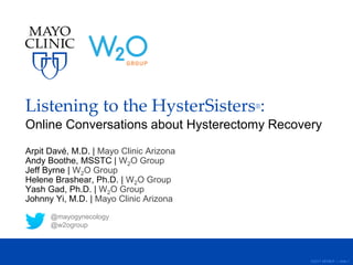 ©2017 MFMER | slide-1
Listening to the HysterSisters®:
Online Conversations about Hysterectomy Recovery
Arpit Davé, M.D. | Mayo Clinic Arizona
Andy Boothe, MSSTC | W2O Group
Jeff Byrne | W2O Group
Helene Brashear, Ph.D. | W2O Group
Yash Gad, Ph.D. | W2O Group
Johnny Yi, M.D. | Mayo Clinic Arizona
@mayogynecology
@w2ogroup
 