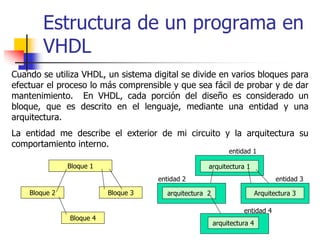 Estructura de un programa en
        VHDL
Cuando se utiliza VHDL, un sistema digital se divide en varios bloques para
efectuar el proceso lo más comprensible y que sea fácil de probar y de dar
mantenimiento. En VHDL, cada porción del diseño es considerado un
bloque, que es descrito en el lenguaje, mediante una entidad y una
arquitectura.
La entidad me describe el exterior de mi circuito y la arquitectura su
comportamiento interno.
                                                             entidad 1

               Bloque 1                             arquitectura 1
                                     entidad 2                                  entidad 3

    Bloque 2              Bloque 3     arquitectura 2                    Arquitectura 3

                                                                  entidad 4
               Bloque 4
                                                        arquitectura 4
 