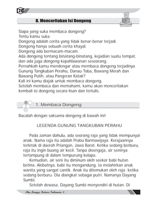 28

           B. Menceritakan Isi Dongeng

Siapa yang suka membaca dongeng?
Tentu kamu suka.
Dongeng adalah cerita yang tidak benar-benar terjadi.
Dongeng hanya sebuah cerita khayal.
Dongeng ada bermacam-macam.
Ada dongeng tentang binatang-binatang, kejadian suatu tempat,
dan ada juga dongeng kepahlawanan seseorang.
Pernahkah kamu mendengar atau membaca dongeng terjadinya
Gunung Tangkuban Perahu, Danau Toba, Bawang Merah dan
Bawang Putih, atau Pangeran Katak?
Kali ini kamu diajak untuk membaca dongeng.
Setelah membaca dan memahami, kamu akan menceritakan
kembali isi dongeng secara lisan dan tertulis.


           1. Membaca Dongeng

Bacalah dengan saksama dongeng di bawah ini!

            LEGENDA GUNUNG TANGKUBAN PERAHU

         Pada zaman dahulu, ada seorang raja yang tidak mempunyai
     anak. Nama raja itu adalah Prabu Barmawijaya. Kerajaannya
     terletak di daerah Priangan, Jawa Barat. Ketika sedang berburu,
     raja itu ingin buang air kecil. Tanpa disengaja, air seninya
     tertampung di dalam tempurung kelapa.
         Kemudian, air seni itu diminum oleh seekor babi hutan
     betina. Akibatnya, babi itu mengandung. Ia melahirkan anak
     wanita yang sangat cantik. Anak itu ditemukan oleh raja ketika
     sedang berburu. Dia diangkat sebagai putri. Namanya Dayang
     Sumbi.
         Setelah dewasa, Dayang Sumbi menyendiri di hutan. Di
 