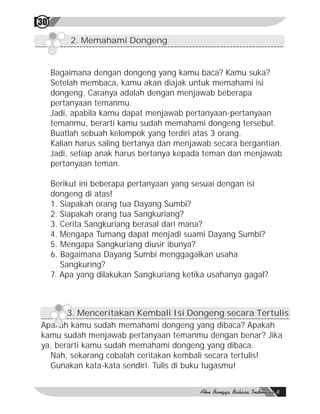 30

          2. Memahami Dongeng


     Bagaimana dengan dongeng yang kamu baca? Kamu suka?
     Setelah membaca, kamu akan diajak untuk memahami isi
     dongeng. Caranya adalah dengan menjawab beberapa
     pertanyaan temanmu.
     Jadi, apabila kamu dapat menjawab pertanyaan-pertanyaan
     temanmu, berarti kamu sudah memahami dongeng tersebut.
     Buatlah sebuah kelompok yang terdiri atas 3 orang.
     Kalian harus saling bertanya dan menjawab secara bergantian.
     Jadi, setiap anak harus bertanya kepada teman dan menjawab
     pertanyaan teman.

     Berikut ini beberapa pertanyaan yang sesuai dengan isi
     dongeng di atas!
     1. Siapakah orang tua Dayang Sumbi?
     2. Siapakah orang tua Sangkuriang?
     3. Cerita Sangkuriang berasal dari mana?
     4. Mengapa Tumang dapat menjadi suami Dayang Sumbi?
     5. Mengapa Sangkuriang diusir ibunya?
     6. Bagaimana Dayang Sumbi menggagalkan usaha
        Sangkuring?
     7. Apa yang dilakukan Sangkuriang ketika usahanya gagal?



       3. Menceritakan Kembali Isi Dongeng secara Tertulis
Apakah kamu sudah memahami dongeng yang dibaca? Apakah
kamu sudah menjawab pertanyaan temanmu dengan benar? Jika
ya, berarti kamu sudah memahami dongeng yang dibaca.
  Nah, sekarang cobalah ceritakan kembali secara tertulis!
  Gunakan kata-kata sendiri. Tulis di buku tugasmu!
 