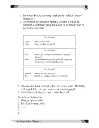 77

 d. Bolehkah berbicara yang tidak perlu melalui telepon?
    Mengapa?
 e. Perhatikan percakapan melalui telepon berikut ini.
    Catatlah kesalahan yang dilakukan si penelpon dan si
    penerima telepon!


                         Percakapan 1




                         Percakapan 2

     Sofi     : Halo, apakah saya bisa berbicara dengan




                         Percakapan 3

     Kanwa    : Halo, Put kita main yuk!




1. Bacakanlah hasil diskusi kalian di depan kelas! Mintalah
   kelompok lain dan gurumu untuk menanggapi!
2. Catatlah hasil diskusi dalam tabel berikut!
Tata Cara Bertelepon
1. Mengucapkan salam
2. Berbicara yang perlu
3. .......
4.
5.
 