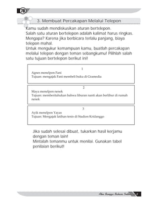 78

           3. Membuat Percakapan Melalui Telepon
     Kamu sudah mendiskusikan aturan bertelepon.
     Salah satu aturan bertelepon adalah kalimat harus ringkas.
     Mengapa? Karena jika berbicara terlalu panjang, biaya
     telepon mahal.
     Untuk mengukur kemampuan kamu, buatlah percakapan
     melalui telepon dengan teman sebangkumu! Pilihlah salah
     satu tujuan bertelepon berikut ini!

                                           1
        Agnes menelpon Fani
        Tujuan: mengajak Fani membeli buku di Gramedia


                                            2
        Maya menelpon nenek
        Tujuan: memberitahukan bahwa liburan nanti akan berlibur di rumah
        nenek


                                             3
        Ayik menelpon Yayas
        Tujuan: Mengajak latihan tenis di Stadion Kridanggo



        Jika sudah selesai dibuat, tukarkan hasil kerjamu
        dengan teman lain!
        Mintalah temanmu untuk menilai. Gunakan tabel
        penilaian berikut!
 