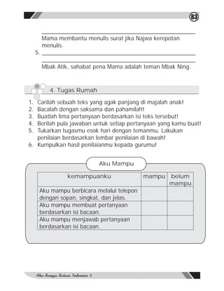 83

        ________________________________________________
        Mama membantu menulis surat jika Najwa kerepotan
        menulis.
     5. ________________________________________________
        ________________________________________________
        Mbak Atik, sahabat pena Mama adalah teman Mbak Ning.



          4. Tugas Rumah

1. Carilah sebuah teks yang agak panjang di majalah anak!
2. Bacalah dengan saksama dan pahamilah!
3. Buatlah lima pertanyaan berdasarkan isi teks tersebut!
4. Berilah pula jawaban untuk setiap pertanyaan yang kamu buat!
5. Tukarkan tugasmu esok hari dengan temanmu. Lakukan
   penilaian berdasarkan lembar penilaian di bawah!
6. Kumpulkan hasil penilaianmu kepada gurumu!


                           Aku Mampu

                kemampuanku                 mampu   belum
                                                    mampu
      Aku mampu berbicara melalui telepon
      dengan sopan, singkat, dan jelas.
      Aku mampu membuat pertanyaan
      berdasarkan isi bacaan.
      Aku mampu menjawab pertanyaan
      berdasarkan isi bacaan.
 