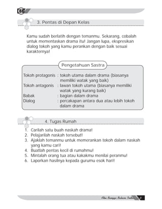 88

          3. Pentas di Depan Kelas


     Kamu sudah berlatih dengan temanmu. Sekarang, cobalah
     untuk mementaskan drama itu! Jangan lupa, ekspresikan
     dialog tokoh yang kamu perankan dengan baik sesuai
     karakternya!


                      Pengetahuan Sastra

 Tokoh protagonis : tokoh utama dalam drama (biasanya
                    memiliki watak yang baik)
 Tokoh antagonis : lawan tokoh utama (biasanya memiliki
                    watak yang kurang baik)
 Babak            : bagian dalam drama
 Dialog           : percakapan antara dua atau lebih tokoh
                    dalam drama


              4. Tugas Rumah

     1. Carilah satu buah naskah drama!
     2. Pelajarilah naskah tersebut!
     3. Ajaklah temanmu untuk memerankan tokoh dalam naskah
        yang kamu cari!
     4. Buatlah pentas kecil di rumahmu!
     5. Mintalah orang tua atau kakakmu menilai peranmu!
     6. Laporkan hasilnya kepada gurumu esok hari!
 