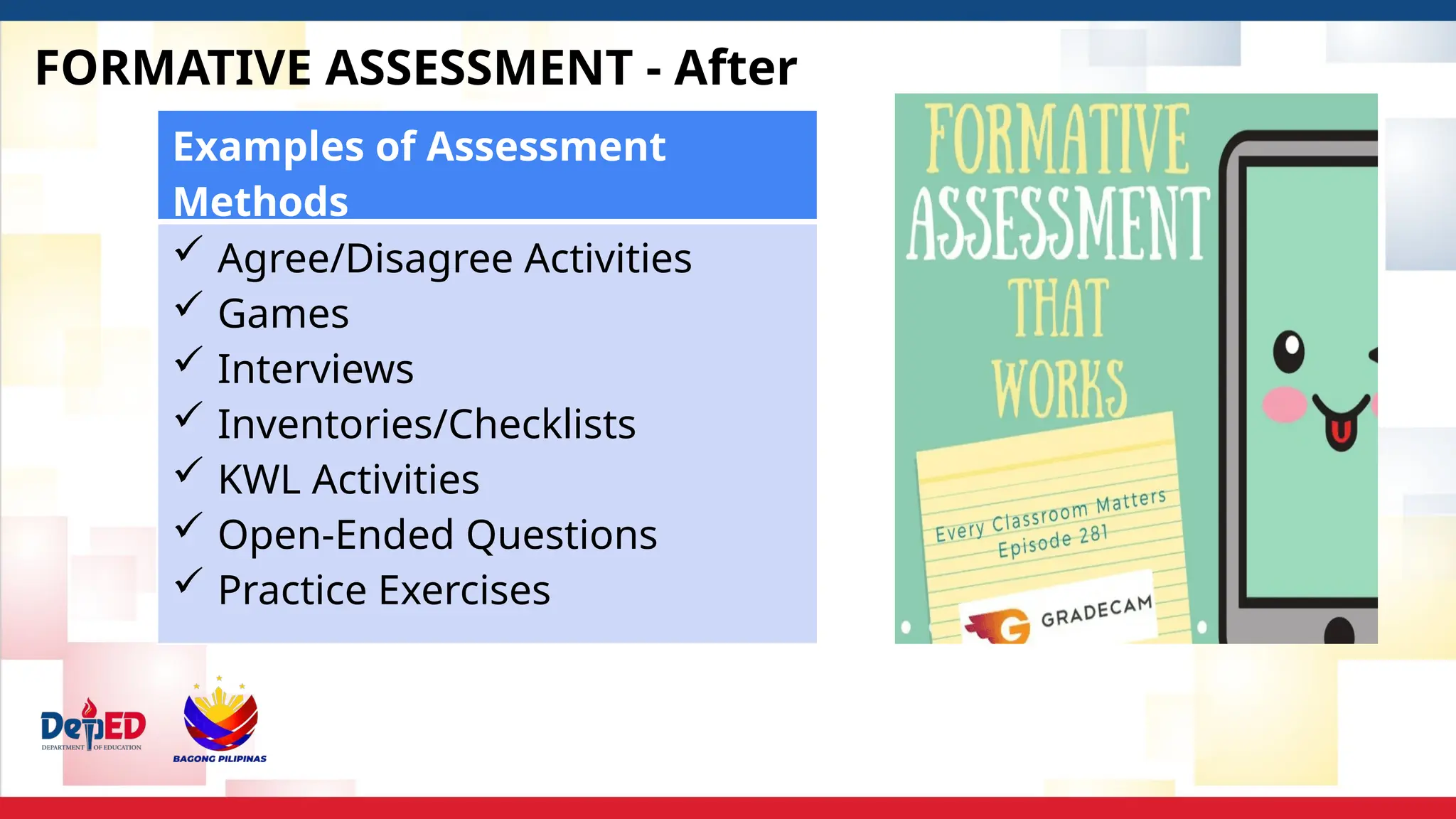 FORMATIVE ASSESSMENT - After
Examples of Assessment
Methods
 Agree/Disagree Activities
 Games
 Interviews
 Inventories/Checklists
 KWL Activities
 Open-Ended Questions
 Practice Exercises
 