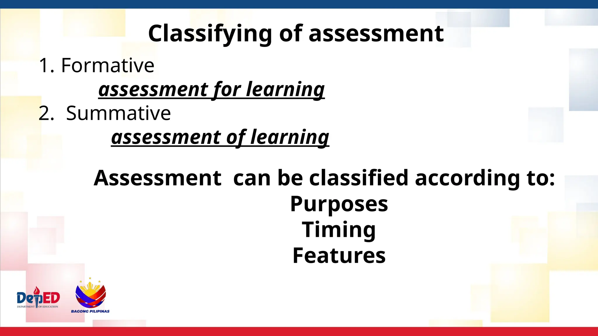 Classifying of assessment
1. Formative
assessment for learning
2. Summative
assessment of learning
Assessment can be classified according to:
Purposes
Timing
Features
 