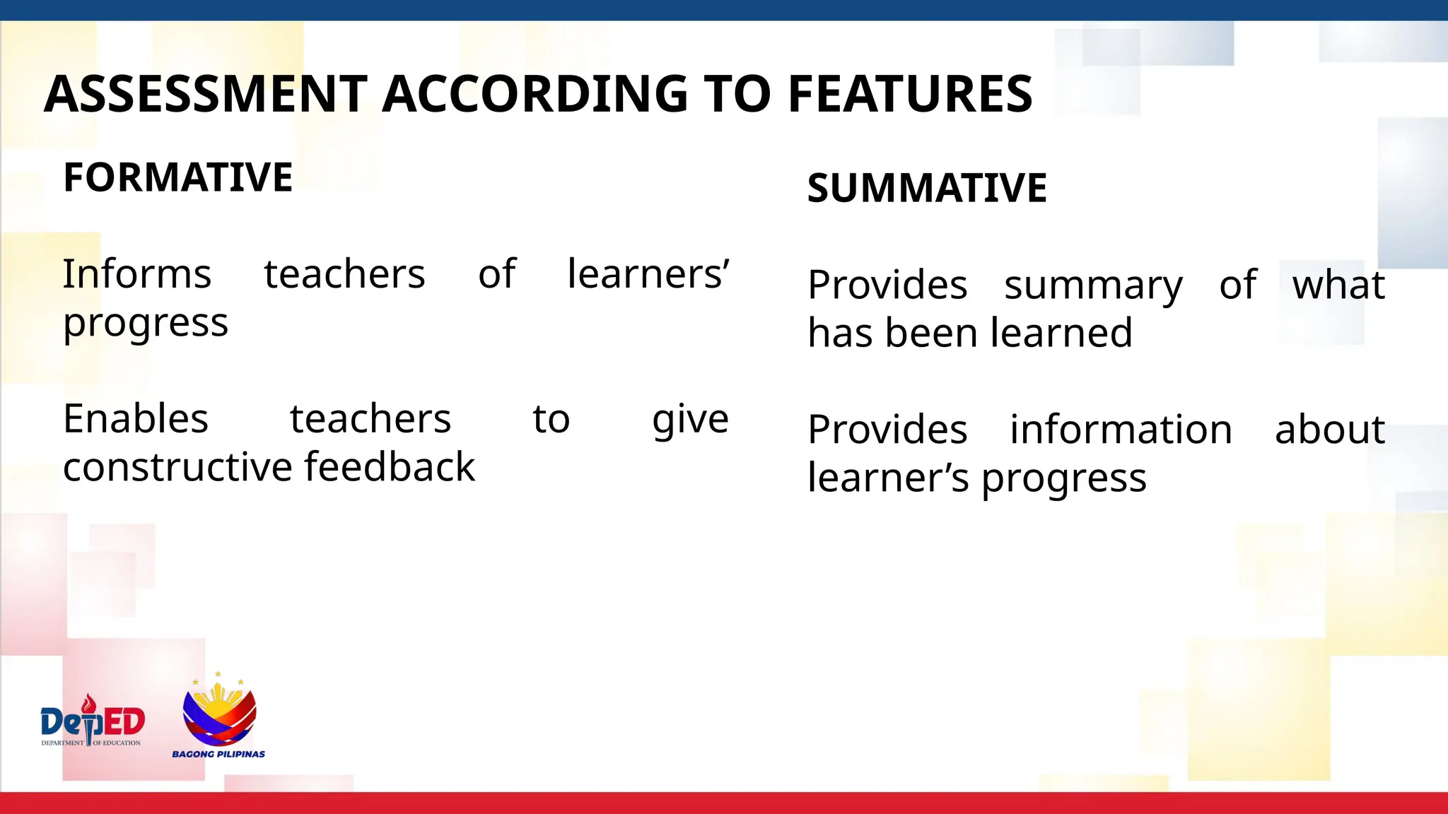 ASSESSMENT ACCORDING TO FEATURES
FORMATIVE
Informs teachers of learners’
progress
Enables teachers to give
constructive feedback
SUMMATIVE
Provides summary of what
has been learned
Provides information about
learner’s progress
 