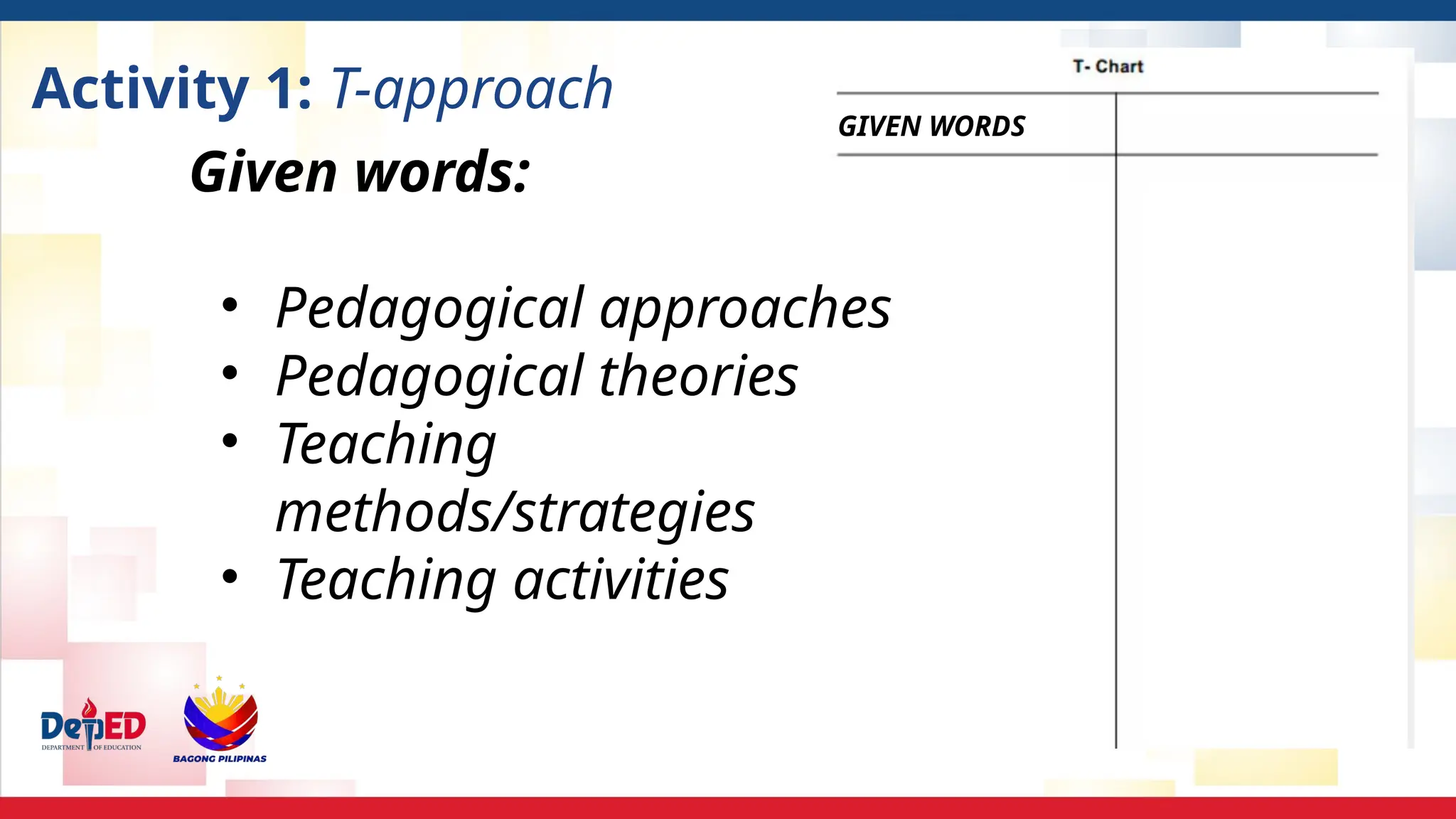 Activity 1: T-approach
Given words:
• Pedagogical approaches
• Pedagogical theories
• Teaching
methods/strategies
• Teaching activities
GIVEN WORDS
 
