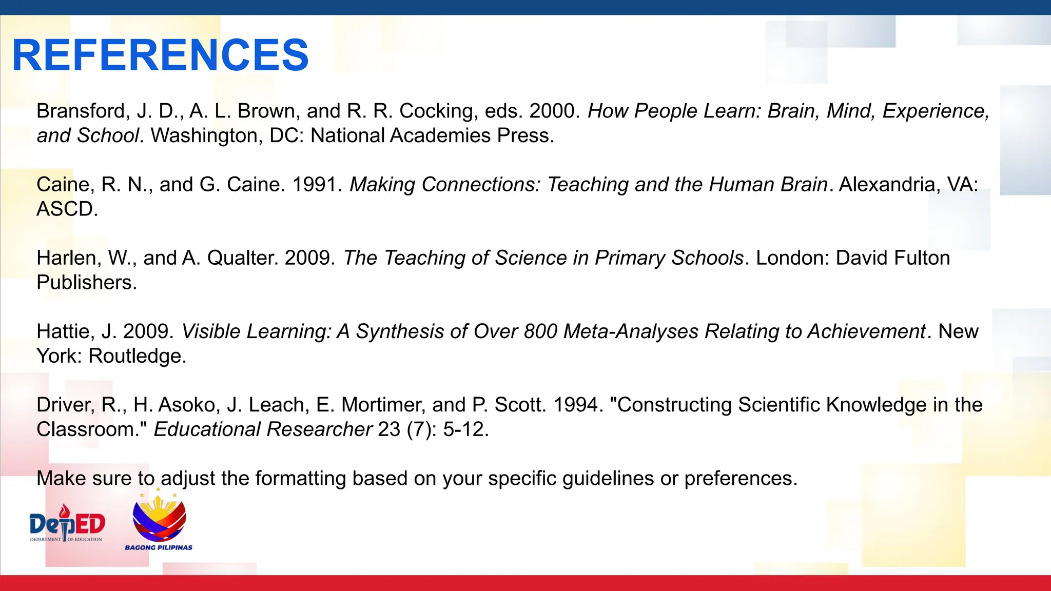 REFERENCES
Bransford, J. D., A. L. Brown, and R. R. Cocking, eds. 2000. How People Learn: Brain, Mind, Experience,
and School. Washington, DC: National Academies Press.
Caine, R. N., and G. Caine. 1991. Making Connections: Teaching and the Human Brain. Alexandria, VA:
ASCD.
Harlen, W., and A. Qualter. 2009. The Teaching of Science in Primary Schools. London: David Fulton
Publishers.
Hattie, J. 2009. Visible Learning: A Synthesis of Over 800 Meta-Analyses Relating to Achievement. New
York: Routledge.
Driver, R., H. Asoko, J. Leach, E. Mortimer, and P. Scott. 1994. "Constructing Scientific Knowledge in the
Classroom." Educational Researcher 23 (7): 5-12.
Make sure to adjust the formatting based on your specific guidelines or preferences.
 