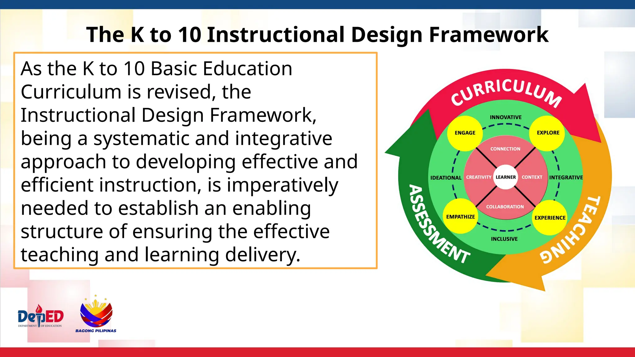 As the K to 10 Basic Education
Curriculum is revised, the
Instructional Design Framework,
being a systematic and integrative
approach to developing effective and
efficient instruction, is imperatively
needed to establish an enabling
structure of ensuring the effective
teaching and learning delivery.
The K to 10 Instructional Design Framework
 