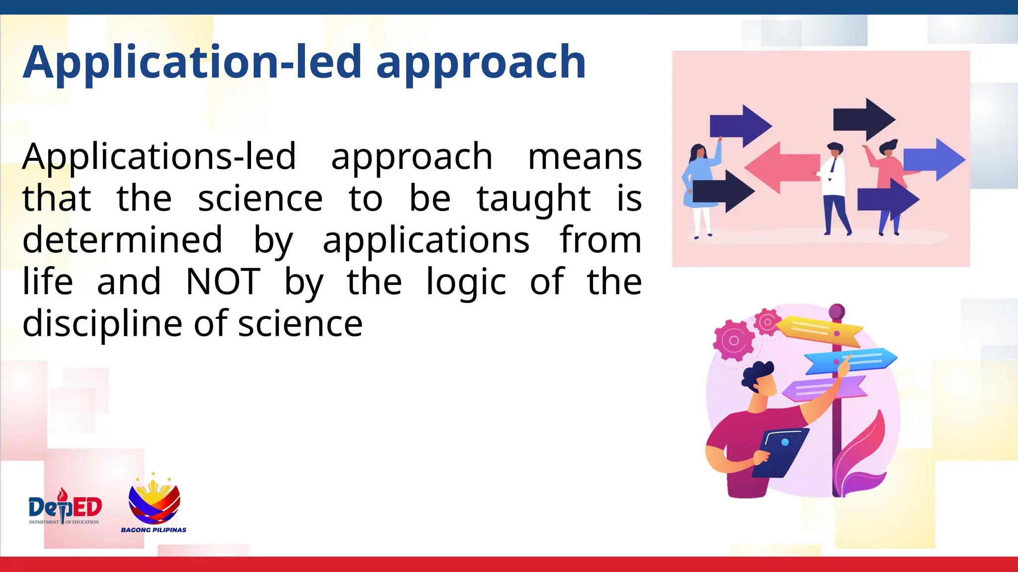 Application-led approach
Applications-led approach means
that the science to be taught is
determined by applications from
life and NOT by the logic of the
discipline of science
 