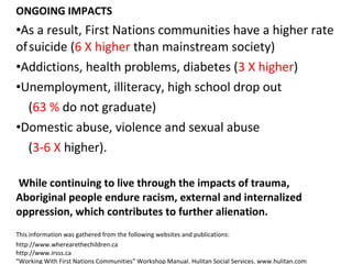 ONGOING IMPACTS
•As a result, First Nations communities have a higher rate
ofsuicide (6 X higher than mainstream society)
•Addictions, health problems, diabetes (3 X higher)
•Unemployment, illiteracy, high school drop out
(63 % do not graduate)
•Domestic abuse, violence and sexual abuse
(3-6 X higher).
While continuing to live through the impacts of trauma,
Aboriginal people endure racism, external and internalized
oppression, which contributes to further alienation.
This information was gathered from the following websites and publications:
http://www.wherearethechildren.ca
http://www.irsss.ca
“Working With First Nations Communities” Workshop Manual. Hulitan Social Services. www.hulitan.com
 