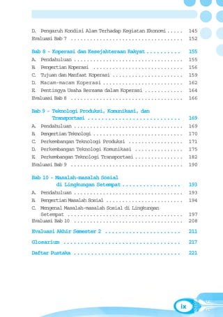 D Pengaruh Kondisi Alam Terhadap Kegiatan Ekonomi.....
 .                                                          145
Evaluasi Bab 7 ...................................          152

Bab 8 - Koperasi dan Kesejahteraan Rakyat ..........        155
A Pendahuluan ..................................
 .                                                          155
B Pengertian Koperasi ............................
 .                                                          156
C Tujuan dan Manfaat Koperasi ......................
 .                                                          159
D Macam-macam Koperasi .........................
 .                                                          162
E Pentingya Usaha Bersama dalam Koperasi ............
 .                                                          164
Evaluasi Bab 8 ...................................          166

Bab 9 - Teknologi Produksi, Komunikasi, dan
        Transportasi ...........................            169
A Pendahuluan ..................................
 .                                                          169
B Pengertian Teknologi ............................
 .                                                          170
C Perkembangan Teknologi Produksi .................
 .                                                          171
D Perkembangan Teknologi Komunikasi ...............
 .                                                          175
E Perkembangan Teknologi Transportasi ...............
 .                                                          182
Evaluasi Bab 9 ...................................          190

Bab 10 - Masalah-masalah Sosial
         di Lingkungan Setempat .................           193
A Pendahuluan ..................................
 .                                                          193
B Pengertian Masalah Sosial ........................
 .                                                          194
C Mengenal Masalah-masalah Sosial di Lingkungan
 .
   Setempat ....................................            197
Evaluasi Bab 10 ..................................          208
Evaluasi Akhir Semester 2 ......................            211
Glosarium ..................................                217
Daftar Pustaka ...............................              221




                                                       ix
 