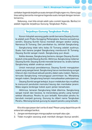 Bab 5 - Menghargai Peninggalan Sejarah


ceritakan legenda terjadinya suatu tempat di lingkungan-mu. Kamu juga
bisa saling bercerita mengenai legenda suatu tempat dengan teman-
temanmu.
    Sekarang, mari kita simak salah satu contoh legenda. Berikut ini
adalah legenda terjadinya Gunung Tangkuban Prahu.


            Terjadinya Gunung Tangkuban Prahu
      Konon hiduplah seorang gadis cantik bernama Dayang Sumbi.
 Ia adalah putri Prabu Sungging Perbangkara. Karena sumpahnya
 sendiri, Dayang Sumbi harus menikah dengan seekor anjing.
 Namanya Si Tumang. Dari pernikahan itu, lahirlah Sangkuriang.
      Sangkuriang tidak tahu kalau Si Tumang adalah ayahnya.
 Suatu hari karena jengkel Sangkuriang membunuh Si Tumang.
 Dayang Sumbi sangat marah. Sangkuriang pun diusir.
      Ketika dewasa, Sangkuriang bertemu dengan Dayang Sumbi.
 Ia jatuh cinta pada Dayang Sumbi. Akhirnya, Sangkuriang melamar
 Dayang Sumbi. Dayang Sumbi menolak lamaran itu. Ia tahu bahwa
 Sangkuriang adalah anaknya sendiri.
      Untuk menutupi penolakannya, Dayang Sumbi mengajukan
 syarat yang sangat berat. Sangkuriang harus membendung sungai
 Citarum dan membuat sebuah perahu dalam satu malam. Namun,
 ternyata Sangkuriang menyanggupi permintaan itu. Menjelang
 tengah malam, Sangkuriang hampir menyelesaikan pekerjaannya.
      Dayang Sumbi sangat terkejut. Ia pun melakukan tipu muslihat.
 Ia menyuruh penduduk memukul lesung dan membakar jerami.
 Maka segera terdengar kokok ayam jantan bersahutan.
      Akhirnya, lamaran Sangkuriang tidak diterima. Sangkuriang
 sangat marah dan kecewa. Ia menendang perahu yang hampir
 selesai dibuatnya. Perahu itu pun terbalik. Kemudian perahu itu
 berubah menjadi gunung. Gunung itu diberi nama Tangkuban
 Perahu. Memang bentuk gunung itu seperti perahu yang terbalik.


   Kira-kira apa pesan dari cerita di atas? Pesan yang dapat kita pe-tik
antara lain sebagai berikut.
1. Jangan sembarangan mengucapkan sumpah atau ujar.
2. Tidak mungkin seorang anak menikah dengan ibunya sendiri.


                                                                95
 
