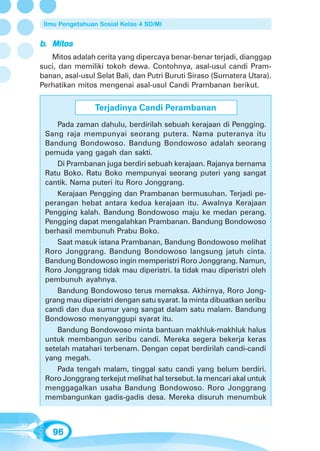 Ilmu Pengetahuan Sosial Kelas 4 SD/MI


b. Mitos
   Mitos adalah cerita yang dipercaya benar-benar terjadi, dianggap
suci, dan memiliki tokoh dewa. Contohnya, asal-usul candi Pram-
banan, asal-usul Selat Bali, dan Putri Buruti Siraso (Sumatera Utara).
Perhatikan mitos mengenai asal-usul Candi Prambanan berikut.


                 Terjadinya Candi Perambanan
     Pada zaman dahulu, berdirilah sebuah kerajaan di Pengging.
 Sang raja mempunyai seorang putera. Nama puteranya itu
 Bandung Bondowoso. Bandung Bondowoso adalah seorang
 pemuda yang gagah dan sakti.
     Di Prambanan juga berdiri sebuah kerajaan. Rajanya bernama
 Ratu Boko. Ratu Boko mempunyai seorang puteri yang sangat
 cantik. Nama puteri itu Roro Jonggrang.
     Kerajaan Pengging dan Prambanan bermusuhan. Terjadi pe-
 perangan hebat antara kedua kerajaan itu. Awalnya Kerajaan
 Pengging kalah. Bandung Bondowoso maju ke medan perang.
 Pengging dapat mengalahkan Prambanan. Bandung Bondowoso
 berhasil membunuh Prabu Boko.
     Saat masuk istana Prambanan, Bandung Bondowoso melihat
 Roro Jonggrang. Bandung Bondowoso langsung jatuh cinta.
 Bandung Bondowoso ingin memperistri Roro Jonggrang. Namun,
 Roro Jonggrang tidak mau diperistri. Ia tidak mau diperistri oleh
 pembunuh ayahnya.
     Bandung Bondowoso terus memaksa. Akhirnya, Roro Jong-
 grang mau diperistri dengan satu syarat. Ia minta dibuatkan seribu
 candi dan dua sumur yang sangat dalam satu malam. Bandung
 Bondowoso menyanggupi syarat itu.
     Bandung Bondowoso minta bantuan makhluk-makhluk halus
 untuk membangun seribu candi. Mereka segera bekerja keras
 setelah matahari terbenam. Dengan cepat berdirilah candi-candi
 yang megah.
     Pada tengah malam, tinggal satu candi yang belum berdiri.
 Roro Jonggrang terkejut melihat hal tersebut. Ia mencari akal untuk
 menggagalkan usaha Bandung Bondowoso. Roro Jonggrang
 membangunkan gadis-gadis desa. Mereka disuruh menumbuk



   96
 