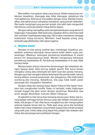 Bab 6 - Semangat Kepahlawanan dan Cinta Tanah Air


    Memaafkan merupakan sikap yang terpuji. Ketika seseorang me-
lakukan kesalahan, disengaja atau tidak disengaja, sebaiknya kita
memaafkannya. Kita harus memaafkan dengan tulus. Setelah mema-
afkan, kita seharusnya melupakan kesalahan yang pernah dilakukan.
Dari pada mengingat yang pernah terjadi, kita lebih baik mengambil
hikmahnya untuk perubahan hidup kita ke depan.
    Dengan saling memaafkan akan tercipta kehidupan yang damai di
lingkungan masyarakat. Oleh karena itu, biasakan dirimu meminta maaf
dan memberi maaf kepada siapa saja. Hal ini akan membantu menjaga
kedamaian hidup bersama. Memberi maaf kepada orang yang
bersalah juga ditekankan oleh ajaran agama.

c. Berjiwa besar
    Dewasa ini kita sering melihat atau mendengar terjadinya per-
kelahian antardua kelompok hanya karena kalah dalam suatu per-
tandingan. Misalnya, kelompok pendukung kesebelasan A marah
karena tim kesayangannya kalah. Mereka menganiaya kelompok
pendukung kesebelasan B. Pendukung kesebelasan A di atas tidak
berjiwa besar.
    Berjiwa besar artinya menerima kemenangan dan kekalahan de-
ngan lapang dada. Kata lainnya adalah sportif. Kita harus berani
mengakui orang atau kelompok lain lebih kuat dan pantas menang.
Dengan jujur kita mengakui bahwa kelompok kita pantas kalah, karena
kurang latihan, kurang konsentrasi, dan sebagainya. Kita tidak boleh
sombong jika menang. Sebaliknya, kita juga tidak boleh patah
semangat jika mengalami kekalahan.
    Dengan sikap dan berjiwa besar dalam hidup ini kita dapat mere-
dam dan menghindari konflik. Kalau ini berhasil, maka lingkungan
tempat tinggal kita akan aman dengan sendirinya. Bukankah rasa
aman sangat dibutuhkan manusia dalam hidupnya.
    Di sekolahmu kita harus bisa bersaing secara jujur. Kalau kita ku-
rang belajar sehingga teman lainnya yang rajin belajar menjadi juara
kelas, kita jangan iri hati. Kita harus mengakuinya dan mengucapkan
selamat kepada teman kita itu. Pada saat yang sama kita bertekad
dalam hati untuk melakukan yang terbaik supaya bisa meraih prestasi
yang baik pula. Inilah sikap yang dapat kita pelajari dan teladani dari
hidup dan perjuangan para pahlawan bangsa.




                                                              123
 