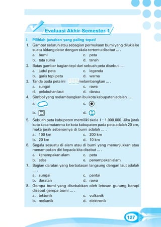 Evaluasi Akhir Semester 1




I. Pilihlah jawaban yang paling tepat!
1. Gambar seluruh atau sebagian permukaan bumi yang dilukis ke
   suatu bidang datar dengan skala tertentu disebut ... .
   a. bumi                      c. peta
   b. tata surya                d. tanah
2. Batas gambar bagian tepi dari sebuah peta disebut ... .
   a. judul peta                c. legenda
   b. garis tepi peta           d. warna
3. Tanda pada peta ini       melambangkan ... .
   a. sungai                    c. rawa
   d. pelabuhan laut            d. danau
4. Simbol yang melambangkan ibu kota kabupaten adalah ... .
   a.                           c.

   b.                           d.
5. Sebuah peta kabupaten memiliki skala 1 : 1.000.000. Jika jarak
   kota kecamatanmu ke kota kabupaten pada peta adalah 20 cm,
   maka jarak sebenarnya di bumi adalah ... .
   a. 100 km                   c. 200 km
   b. 20 km                    d. 10 km
6. Segala sesuatu di alam atau di bumi yang menunjukkan atau
   menampakan diri kepada kita disebut ... .
   a. kenampakan alam          c. peta
   b. atlas                    e. penampakan alam
7. Bagian daratan yang berbatasan langsung dengan laut adalah
   ... .
   a. sungai                   c. pantai
   b. daratan                  d. rawa
8. Gempa bumi yang disebabkan oleh letusan gunung berapi
   disebut gempa bumi ... .
   a. tektonik                 c. vulkanik
   b. mekanik                  d. elektronik



                                                          127
 