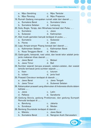 Evaluasi Akhir Semester 1


    a. Mpu Gendring              c. Mpu Tantular
    b. Mpu Panulug               d. Mpu Prapanca
19. Rumah Gadang merupakan rumah adat dari daerah ... .
    a. Sumatera Barat            c. Sumatera Utara
    b. Sumatera Selatan          d. Lampung
20. Suku Bugis, Toraja, dan Minahasa berasal dari Pulau ... .
    a. Sumatera                  c. Jawa
    b. Sulawesi                  d. Kalimantan
21. Alat musik gamelan banyak terdapat di pulau ... .
    a. Sumatera                  c. Sulawesi
    b. Flores                    d. Jawa
22. Lagu Ampar-ampar Pisang berasal dari daerah ... .
    a. Kalimantan Selatan        c. Kalimantan Barat
    b. Nusa Tenggara Barat       d. Maluku
23. Gado-gado, ketoprak, nasi uduk, dan kerak telor adalah jenis-
    jenis makanan khas daerah ... .
    a. Jawa Barat                c. Betawi
    b. Jawa Timur                d. Bali
24. Sumber sejarah berupa prasasti, catatan-catatan, dan wasiat
    tertulis termasuk jenis sumber sejarah ... .
    a. lisan                     c. tuturan
    b. tulisan                   d. jenis fosil
25. Prasasti Ciaruteun terdapat di daerah ... .
    a. Jawa Barat                c. Jawa Tengah
    b. Jawa Timur                d. Sulawesi Selatan
26. Kebanyakan prasasti yang ditemukan di Indonesia ditulis dalam
    bahasa ... .
    a. Jawa                      c. Latin
    d. Pallawa                   d. Sanskerta
27. Gedung Stovia, gedung Proklamasi, dan gedung Sumpah
    Pemuda terdapat di ... .
    a. Bandung                   c. Jakarta
    b. Surabaya                  d. Medan
28. Benteng Duurstede terdapat di daerah ... .
    a. Maluku                    c. Jawa Barat
    b. Sumatera Barat            d. Nangroe Aceh Darussalam


                                                          129
 