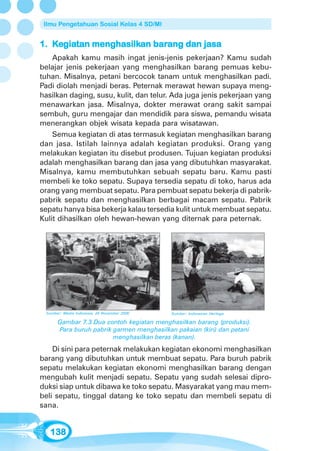 Ilmu Pengetahuan Sosial Kelas 4 SD/MI


     giatan menghasilkan barang
1. Kegiatan menghasilkan barang dan jasa
    Apakah kamu masih ingat jenis-jenis pekerjaan? Kamu sudah
belajar jenis pekerjaan yang menghasilkan barang pemuas kebu-
tuhan. Misalnya, petani bercocok tanam untuk menghasilkan padi.
Padi diolah menjadi beras. Peternak merawat hewan supaya meng-
hasilkan daging, susu, kulit, dan telur. Ada juga jenis pekerjaan yang
menawarkan jasa. Misalnya, dokter merawat orang sakit sampai
sembuh, guru mengajar dan mendidik para siswa, pemandu wisata
menerangkan objek wisata kepada para wisatawan.
    Semua kegiatan di atas termasuk kegiatan menghasilkan barang
dan jasa. Istilah lainnya adalah kegiatan produksi. Orang yang
melakukan kegiatan itu disebut produsen. Tujuan kegiatan produksi
adalah menghasilkan barang dan jasa yang dibutuhkan masyarakat.
Misalnya, kamu membutuhkan sebuah sepatu baru. Kamu pasti
membeli ke toko sepatu. Supaya tersedia sepatu di toko, harus ada
orang yang membuat sepatu. Para pembuat sepatu bekerja di pabrik-
pabrik sepatu dan menghasilkan berbagai macam sepatu. Pabrik
sepatu hanya bisa bekerja kalau tersedia kulit untuk membuat sepatu.
Kulit dihasilkan oleh hewan-hewan yang diternak para peternak.




 Sumber: Media Indonesia, 24 November 2006   Sumber: Indonesian Heritage

      Gambar 7.3 Dua contoh kegiatan menghasilkan barang (produksi).
      Para buruh pabrik garmen menghasilkan pakaian (kiri) dan petani
                        menghasilkan beras (kanan).
    Di sini para peternak melakukan kegiatan ekonomi menghasilkan
barang yang dibutuhkan untuk membuat sepatu. Para buruh pabrik
sepatu melakukan kegiatan ekonomi menghasilkan barang dengan
mengubah kulit menjadi sepatu. Sepatu yang sudah selesai dipro-
duksi siap untuk dibawa ke toko sepatu. Masyarakat yang mau mem-
beli sepatu, tinggal datang ke toko sepatu dan membeli sepatu di
sana.


   138
 