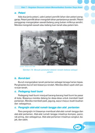 Bab 7 - Kegiatan Ekonomi dalam Memanfaatkan Sumber Daya Alam


a. Petani
   Ada dua jenis petani, yakni petani pemilik lahan dan petani peng-
garap. Petani pemilik lahan mengolah lahan pertaniannya sendiri. Petani
penggarap mengerjakan sawah/ladang yang bukan miliknya sendiri.
Mereka mengolah sawah atau ladang tuan tanah atau petani lain.




     Sumber: Tempo 6 Juni 2004


          Gambar 7.6 Banyak penduduk dataran rendah bekerja sebagai
                                  petani.


b. Buruh tani
    Buruh mengerjakan tanah pertanian sebagai tenaga harian lepas.
Penghasilan buruh tani biasanya rendah. Mereka diberi upah oleh pa-
ra tuan tanah.
    edag          bumi
c. Pedagang hasil bumi
    Pedagang hasil bumi menjual barang-barang hasil bumi ke pasar
di kota. Biasanya mereka datang ke desa-desa untuk membeli hasil
pertanian. Mereka membeli padi, jagung, sayur-mayur, buah-buahan
dan sebagainya.
    engr     alat-ala rumah tangg
                t-alat                  alat pertanian
c. Pengrajin alat-alat rumah tangga dan alat pertanian
     Para pengrajin ini biasanya membuat alat-alat rumah tangga dan
alat-alat pertanian. Alat-alat rumah tangga misalnya kompor, panci,
rak piring, dan sebagainya. Alat-alat pertanian misalnya cangkul, ba-
jak, dan sabit.


                                                                147
 