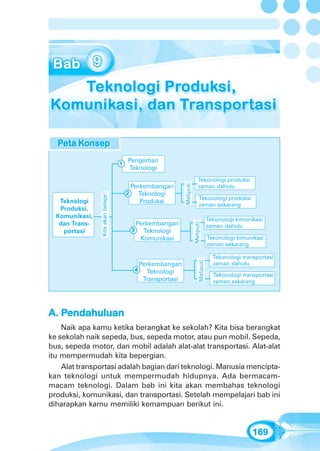 Bab 9 - Teknologi Produksi, Komunikasi, dan Transportasi




  Peta Konsep
  Peta Konse p
       Konsep
       Konse
        onsep
        onse
                                         Pengertian
                                     1
                                         Teknologi
                                                                              Tekonologi produksi
                                           Perkembangan      Meliputi:        zaman dahulu
                                         2   Teknologi
                Kita akan belajar:




                                                                                Tekonologi produksi
   Teknologi                                  Produksi
                                                                                zaman sekarang
   Produksi,
  Komunikasi,
                                                                                          Tekonologi kimunikasi
   dan Trans-                               Perkembangan
                                                                         Meliputi:




                                                                                          zaman dahulu
    portasi                               3   Teknologi
                                             Komunikasi                                   Tekonologi kimunikasi
                                                                                          zaman sekarang

                                                                                            Tekonologi transportasi
                                                                              Meliputi:




                                             Perkembangan                                   zaman dahulu
                                           4   Teknologi
                                                                                            Tekonologi transportasi
                                              Transportasi                                  zaman sekarang




A. Pendahuluan
    Naik apa kamu ketika berangkat ke sekolah? Kita bisa berangkat
ke sekolah naik sepeda, bus, sepeda motor, atau pun mobil. Sepeda,
bus, sepeda motor, dan mobil adalah alat-alat transportasi. Alat-alat
itu mempermudah kita bepergian.
    Alat transportasi adalah bagian dari teknologi. Manusia mencipta-
kan teknologi untuk mempermudah hidupnya. Ada bermacam-
macam teknologi. Dalam bab ini kita akan membahas teknologi
produksi, komunikasi, dan transportasi. Setelah mempelajari bab ini
diharapkan kamu memiliki kemampuan berikut ini.


                                                                                                           169
 
