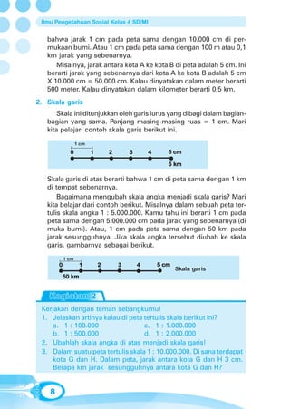 Ilmu Pengetahuan Sosial Kelas 4 SD/MI


   bahwa jarak 1 cm pada peta sama dengan 10.000 cm di per-
   mukaan bumi. Atau 1 cm pada peta sama dengan 100 m atau 0,1
   km jarak yang sebenarnya.
      Misalnya, jarak antara kota A ke kota B di peta adalah 5 cm. Ini
   berarti jarak yang sebenarnya dari kota A ke kota B adalah 5 cm
   X 10.000 cm = 50.000 cm. Kalau dinyatakan dalam meter berarti
   500 meter. Kalau dinyatakan dalam kilometer berarti 0,5 km.
2. Skala garis
       Skala ini ditunjukkan oleh garis lurus yang dibagi dalam bagian-
   bagian yang sama. Panjang masing-masing ruas = 1 cm. Mari
   kita pelajari contoh skala garis berikut ini.
                   1 cm
              0           1       2       3       4      5 cm

                                                         5 km

   Skala garis di atas berarti bahwa 1 cm di peta sama dengan 1 km
   di tempat sebenarnya.
       Bagaimana mengubah skala angka menjadi skala garis? Mari
   kita belajar dari contoh berikut. Misalnya dalam sebuah peta ter-
   tulis skala angka 1 : 5.000.000. Kamu tahu ini berarti 1 cm pada
   peta sama dengan 5.000.000 cm pada jarak yang sebenarnya (di
   muka bumi). Atau, 1 cm pada peta sama dengan 50 km pada
   jarak sesungguhnya. Jika skala angka tersebut diubah ke skala
   garis, gambarnya sebagai berikut.
            1 cm
        0           1         2       3       4       5 cm
                                                             Skala garis
        50 km




 Kerjakan dengan teman sebangkumu!
 1. Jelaskan artinya kalau di peta tertulis skala berikut ini?
    a. 1 : 100.000                 c. 1 : 1.000.000
    b. 1 : 500.000                 d. 1 : 2.000.000
 2. Ubahlah skala angka di atas menjadi skala garis!
 3. Dalam suatu peta tertulis skala 1 : 10.000.000. Di sana terdapat
    kota G dan H. Dalam peta, jarak antara kota G dan H 3 cm.
    Berapa km jarak sesungguhnya antara kota G dan H?


    8
 