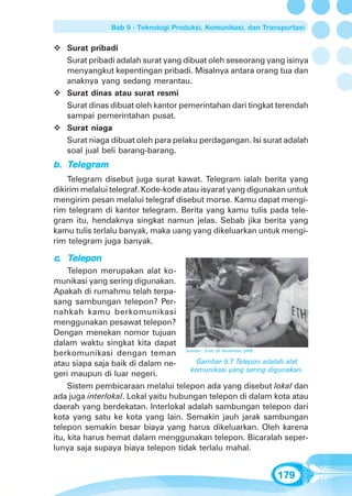 Bab 9 - Teknologi Produksi, Komunikasi, dan Transportasi


   Surat pribadi
   Surat pribadi adalah surat yang dibuat oleh seseorang yang isinya
   menyangkut kepentingan pribadi. Misalnya antara orang tua dan
   anaknya yang sedang merantau.
   Surat dinas atau surat resmi
   Surat dinas dibuat oleh kantor pemerintahan dari tingkat terendah
   sampai pemerintahan pusat.
   Surat niaga
   Surat niaga dibuat oleh para pelaku perdagangan. Isi surat adalah
   soal jual beli barang-barang.
b. Telegram
    eleg
    Telegram disebut juga surat kawat. Telegram ialah berita yang
dikirim melalui telegraf. Kode-kode atau isyarat yang digunakan untuk
mengirim pesan melalui telegraf disebut morse. Kamu dapat mengi-
rim telegram di kantor telegram. Berita yang kamu tulis pada tele-
gram itu, hendaknya singkat namun jelas. Sebab jika berita yang
kamu tulis terlalu banyak, maka uang yang dikeluarkan untuk mengi-
rim telegram juga banyak.

    elepon
c. Telepon
     Telepon merupakan alat ko-
munikasi yang sering digunakan.
Apakah di rumahmu telah terpa-
sang sambungan telepon? Per-
nahkah kamu berkomunikasi
menggunakan pesawat telepon?
Dengan menekan nomor tujuan
dalam waktu singkat kita dapat
berkomunikasi dengan teman Sumber: Trust 20 November 2005
atau siapa saja baik di dalam ne-      Gambar 9.7 Telepon adalah alat
                                     komunikasi yang sering digunakan.
geri maupun di luar negeri.
     Sistem pembicaraan melalui telepon ada yang disebut lokal dan
ada juga interlokal. Lokal yaitu hubungan telepon di dalam kota atau
daerah yang berdekatan. Interlokal adalah sambungan telepon dari
kota yang satu ke kota yang lain. Semakin jauh jarak sambungan
telepon semakin besar biaya yang harus dikeluarkan. Oleh karena
itu, kita harus hemat dalam menggunakan telepon. Bicaralah seper-
lunya saja supaya biaya telepon tidak terlalu mahal.


                                                               179
 