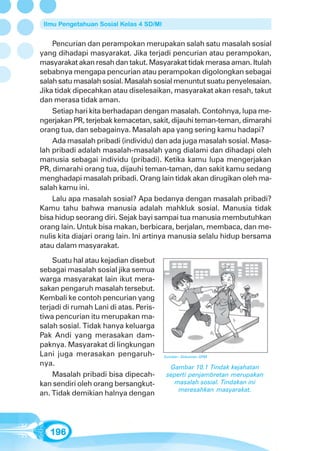 Ilmu Pengetahuan Sosial Kelas 4 SD/MI


    Pencurian dan perampokan merupakan salah satu masalah sosial
yang dihadapi masyarakat. Jika terjadi pencurian atau perampokan,
masyarakat akan resah dan takut. Masyarakat tidak merasa aman. Itulah
sebabnya mengapa pencurian atau perampokan digolongkan sebagai
salah satu masalah sosial. Masalah sosial menuntut suatu penyelesaian.
Jika tidak dipecahkan atau diselesaikan, masyarakat akan resah, takut
dan merasa tidak aman.
    Setiap hari kita berhadapan dengan masalah. Contohnya, lupa me-
ngerjakan PR, terjebak kemacetan, sakit, dijauhi teman-teman, dimarahi
orang tua, dan sebagainya. Masalah apa yang sering kamu hadapi?
    Ada masalah pribadi (individu) dan ada juga masalah sosial. Masa-
lah pribadi adalah masalah-masalah yang dialami dan dihadapi oleh
manusia sebagai individu (pribadi). Ketika kamu lupa mengerjakan
PR, dimarahi orang tua, dijauhi teman-taman, dan sakit kamu sedang
menghadapi masalah pribadi. Orang lain tidak akan dirugikan oleh ma-
salah kamu ini.
    Lalu apa masalah sosial? Apa bedanya dengan masalah pribadi?
Kamu tahu bahwa manusia adalah mahkluk sosial. Manusia tidak
bisa hidup seorang diri. Sejak bayi sampai tua manusia membutuhkan
orang lain. Untuk bisa makan, berbicara, berjalan, membaca, dan me-
nulis kita diajari orang lain. Ini artinya manusia selalu hidup bersama
atau dalam masyarakat.
    Suatu hal atau kejadian disebut
sebagai masalah sosial jika semua
warga masyarakat lain ikut mera-
sakan pengaruh masalah tersebut.
Kembali ke contoh pencurian yang
terjadi di rumah Lani di atas. Peris-
tiwa pencurian itu merupakan ma-
salah sosial. Tidak hanya keluarga
Pak Andi yang merasakan dam-
paknya. Masyarakat di lingkungan
Lani juga merasakan pengaruh-            Sumber: Dokumen GPM

nya.                                       Gambar 10.1 Tindak kejahatan
    Masalah pribadi bisa dipecah-         seperti penjambretan merupakan
kan sendiri oleh orang bersangkut-          masalah sosial. Tindakan ini
                                              meresahkan masyarakat.
an. Tidak demikian halnya dengan




   196
 