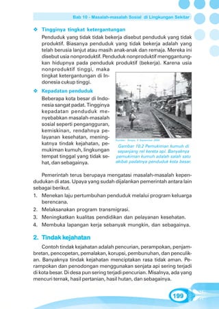 Bab 10 - Masalah-masalah Sosial di Lingkungan Sekitar

   Tingginya tingkat ketergantungan
   Penduduk yang tidak tidak bekerja disebut penduduk yang tidak
   produktif. Biasanya penduduk yang tidak bekerja adalah yang
   telah berusia lanjut atau masih anak-anak dan remaja. Mereka ini
   disebut usia nonproduktif. Penduduk nonproduktif menggantung-
   kan hidupnya pada penduduk produktif (bekerja). Karena usia
   nonproduktif tinggi, maka
   tingkat ketergantungan di In-
   donesia cukup tinggi.
   Kepadatan penduduk
   Beberapa kota besar di Indo-
   nesia sangat padat. Tingginya
   kepadatan penduduk me-
   nyebabkan masalah-masalah
   sosial seperti pengangguran,
   kemiskinan, rendahnya pe-
   layanan kesehatan, mening-       Sumber: Tempo, 5 September 2004
   katnya tindak kejahatan, pe-      Gambar 10.2 Pemukiman kumuh di
   mukiman kumuh, lingkungan         sepanjang rel kereta api. Banyaknya
   tempat tinggal yang tidak se-    pemukiman kumuh adalah salah satu
   hat, dan sebagainya.             akibat padatnya penduduk kota besar.


   Pemerintah terus berupaya mengatasi masalah-masalah kepen-
dudukan di atas. Upaya yang sudah dijalankan pemerintah antara lain
sebagai berikut.
1. Menekan laju pertumbuhan penduduk melalui program keluarga
   berencana.
2. Melaksanakan program transmigrasi.
3. Meningkatkan kualitas pendidikan dan pelayanan kesehatan.
4. Membuka lapangan kerja sebanyak mungkin, dan sebagainya.

2. Tindak kejahatan
          kejaha
           ejahatan
    Contoh tindak kejahatan adalah pencurian, perampokan, penjam-
bretan, pencopetan, pemalakan, korupsi, pembunuhan, dan penculik-
an. Banyaknya tindak kejahatan menciptakan rasa tidak aman. Pe-
rampokan dan penodongan menggunakan senjata api sering terjadi
di kota besar. Di desa pun sering terjadi pencurian. Misalnya, ada yang
mencuri ternak, hasil pertanian, hasil hutan, dan sebagainya.


                                                                      199
 