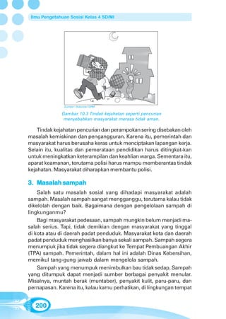 Ilmu Pengetahuan Sosial Kelas 4 SD/MI




               Sumber: Dokumen GPM

              Gambar 10.3 Tindak kejahatan seperti pencurian
               menyebabkan masyarakat merasa tidak aman.

    Tindak kejahatan pencurian dan perampokan sering disebakan oleh
masalah kemiskinan dan pengangguran. Karena itu, pemerintah dan
masyarakat harus berusaha keras untuk menciptakan lapangan kerja.
Selain itu, kualitas dan pemerataan pendidikan harus ditingkat-kan
untuk meningkatkan keterampilan dan keahlian warga. Sementara itu,
aparat keamanan, terutama polisi harus mampu memberantas tindak
kejahatan. Masyarakat diharapkan membantu polisi.

3. Masalah sampah
    Salah satu masalah sosial yang dihadapi masyarakat adalah
sampah. Masalah sampah sangat mengganggu, terutama kalau tidak
dikelolah dengan baik. Bagaimana dengan pengelolaan sampah di
lingkunganmu?
    Bagi masyarakat pedesaan, sampah mungkin belum menjadi ma-
salah serius. Tapi, tidak demikian dengan masyarakat yang tinggal
di kota atau di daerah padat penduduk. Masyarakat kota dan daerah
padat penduduk menghasilkan banya sekali sampah. Sampah segera
menumpuk jika tidak segera diangkut ke Tempat Pembuangan Akhir
(TPA) sampah. Pemerintah, dalam hal ini adalah Dinas Kebersihan,
memikul tang-gung jawab dalam mengelola sampah.
    Sampah yang menumpuk menimbulkan bau tidak sedap. Sampah
yang ditumpuk dapat menjadi sumber berbagai penyakit menular.
Misalnya, muntah berak (muntaber), penyakit kulit, paru-paru, dan
pernapasan. Karena itu, kalau kamu perhatikan, di lingkungan tempat


   200
 