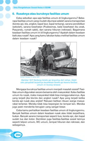 Ilmu Pengetahuan Sosial Kelas 4 SD/MI


6. Rusaknya atau buruknya fasilitas umum
    Coba sebutkan apa saja fasilitas umum di lingkunganmu? Bebe-
rapa fasilitas umum yang mudah dijumpai adalah sarana transportasi
(kereta api, bis, angkot, kapal laut, kapal terbang), sarana pendidikan
(sekolah), sarana kesehatan (Puskesmas, balai kesehatan ibu anak,
Posyandu, rumah sakit), dan sarana hiburan (rekreasi). Bagaimana
keadaan fasilitas umum ini di lingkunganmu? Apakah dalam keadaan
baik atau rusak? Apa yang kamu lakukan kalau melihat fasilitas umum
dalam keadaan rusak?




       Sumber: Kompas, 31 Januari 2007

         Gambar 10.7 Gerbong kereta api terguling dari relnya. Salah
        satu penyebab terjadinya kecelakaan kereta api karena fasilitas
                         umum ini kurang terawat.

     Mengapa buruknya fasilitas umum menjadi masalah sosial? Fasi-
litas umum digunakan secara bersama oleh masyarakat. Kalau fasilitas
umum itu rusak, maka masyarakat tidak bisa menggunakannya. Apa
yang terjadi jika bis-bis dan angkot rusak? Apa yang terjadi ketika
kereta api rusak atau anjlok? Ratusan bahkan ribuan warga masya-
rakat terlantar. Mereka tidak bisa bepergian ke tempat lain. Mereka
juga pasti menderita kerugian yang sangat besar.
     Coba kamu perhatikan keadaan fasilitas umum di lingkunganmu.
Banyak fasilitas umum dalam keadaan rusak atau tidak terpelihara,
bukan. Banyak sarana transportasi seperti bus, kereta api, dan kapal
sudah tua dan kotor. Demikian juga fasilitas-fasilitas sosial lainnya
seperti telpon umum, WC umum, tempat hiburan dan rekreasi, dan
sebagainya.



   204
 