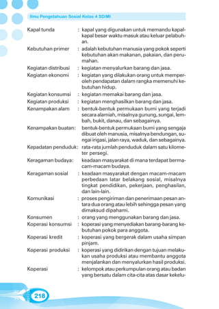 Ilmu Pengetahuan Sosial Kelas 4 SD/MI


Kapal tunda         : kapal yang digunakan untuk memandu kapal-
                      kapal besar waktu masuk atau keluar pelabuh-
                      an.
Kebutuhan primer    : adalah kebutuhan manusia yang pokok seperti
                      kebutuhan akan makanan, pakaian, dan peru-
                      mahan.
Kegiatan distribusi : kegiatan menyalurkan barang dan jasa.
Kegiatan ekonomi    : kegiatan yang dilakukan orang untuk memper-
                      oleh pendapatan dalam rangka memenuhi ke-
                      butuhan hidup.
Kegiatan konsumsi : kegiatan memakai barang dan jasa.
Kegiatan produksi   : kegiatan menghasilkan barang dan jasa.
Kenampakan alam     : bentuk-bentuk permukaan bumi yang terjadi
                      secara alamiah, misalnya gunung, sungai, lem-
                      bah, bukit, danau, dan sebagainya.
Kenampakan buatan: bentuk-bentuk permukaan bumi yang sengaja
                      dibuat oleh manusia, misalnya bendungan, su-
                      ngai irigasi, jalan raya, waduk, dan sebagainya.
Kepadatan penduduk: rata-rata jumlah penduduk dalam satu kilome-
                      ter persegi.
Keragaman budaya:     keadaan masyarakat di mana terdapat berma-
                      cam-macam budaya.
Keragaman sosial    : keadaan masyarakat dengan macam-macam
                      perbedaan latar belakang sosial, misalnya
                      tingkat pendidikan, pekerjaan, penghasilan,
                      dan lain-lain.
Komunikasi          : proses pengiriman dan penerimaan pesan an-
                      tara dua orang atau lebih sehingga pesan yang
                      dimaksud dipahami.
Konsumen            : orang yang menggunakan barang dan jasa.
Koperasi konsumsi : koperasi yang menyediakan barang-barang ke-
                      butuhan pokok para anggota.
Koperasi kredit     : koperasi yang bergerak dalam usaha simpan
                      pinjam.
Koperasi produksi : koperasi yang didirikan dengan tujuan melaku-
                      kan usaha produksi atau membantu anggota
                      menjalankan dan menyalurkan hasil produksi.
Koperasi            : kelompok atau perkumpulan orang atau badan
                      yang bersatu dalam cita-cita atas dasar kekelu-



   218
 