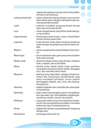 Glosarium

                       argaan dan gotong-royong untuk mewujudkan
                       kemakmuran bersama.
Ladang berpindah   :   sistem pertanian ladang dengan cara mencari
                       lahan-lahan subur dengan membuka hutan se-
                       cara berpindah-pindah.
Lapili             :   material muntahan gungung berapi berupa
                       batu-batu kecil atau kerikil.
Lava               :   cairan sangat panas yang keluar pada saat gu-
                       nung meletus.
Legenda peta       :   keterangan-keterangan yang menjelaskan
                       simbol-simbol pada peta.
Legenda            :   suatu bentuk cerita rakyat tentang terjadinya
                       suatu tempat yang dipercaya benar-benar ter-
                       jadi.
Magma              :   cairan sangat panas yang terdapat di perut bu-
                       mi.
Mata angin         :   jarum pedoman atau garis yang menunjukkan
                       arah suatu tempat.
Media cetak        :   alat komunikasi massa yang dicetak, misalnya
                       buku, majalah, dan surat kabar.
Mitos              :   bentuk cerita rakyat tentan suatu peristiwa
                       yang dipercaya benar-benar terjadi, dianggap
                       suci, dan memiliki tokoh dewa.
Museum             :   gedung yang digunakan sebagai tempat pa-
                       meran dan menyimpan benda-benda yang
                       patut mendapat perhatian umum seperti
                       peninggalan sejarah, seni, ilmu, dan barang-
                       barang kuno.
Narkoba            :   adalah singkatan dari narkotika dan obat-obat-
                       an berbahaya.
Narkotika          :   obat untuk menenangkan syarat, menghilang-
                       kan rasa sakit, dan meningkatkan rangsangan,
                       contohnya morfin, heroin, dan kokain.
Pahlawan           :   orang atau tokoh yang menonjol karena kebe-
                       ranian dan pengorbanannya dalam membela
                       kebenaran atau membela tanah air.
Pantai             :   bagian dari daratan yang berbatasan langsung
                       dengan laut.
Patriotisme        :   semangat cinta tanah air.



                                                            219
 