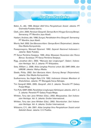 Belen, S., dkk. 1990. Belajar Aktif Ilmu Pengetahuan Sosial. Jakarta: PT
     Gramedia Pustaka Utama.
Clark, John. 2000. Panduan Geografi, Gempa Bumi Hingga Gunung Berapi.
      Semarang: PT Mandira Jaya Abadi.
Haslam, Andrew, dkk. 1998. Sungai, Pendekatan Ilmu Geografi. Semarang:
     PT Mandira Jaya Abadi.
Morris, Neil. 2002. Seri Bencana Alam: Gempa Bumi (Terjemahan). Jakarta:
     Elex Media Komputindo.
Poesponegoro, Marwati Djoened. 1992. Sejarah Nasional Indonesia I.
     Jakarta: Balai Pustaka.
PT Karya Pembina Swajaya. 1990. Atlas Wawasan Nusantara dan Panca
     Benua. Surabaya: PT Karya Pembina Swajaya.
Rigg, Jonathan (Ed.). 2002. “Manusia dan Lingkungan”. Dalam: Indone-
      sian Heritage. Vol. 2. Jakarta: PT Widyadara.
Seta, William J.. 2006. Atlas Lengkap Provinsi untuk SD, SMP SMA, dan
                                                            ,
      UMUM. Jakarta: Wahyu Media.
Steele, Philip. 2002. Seri Bencana Alam: Gunung Berapi (Terjemahan).
     Jakarta: Elex Media Komputindo.
Sudharmono, Ibu Hajjah Ratu E.N. 1992. Indonesia Untaian Manikam di
    Khatulistiwa. Jakarta: PT Manggala Karya Bahagia.
Tim Geografi SMA. 2005. Geografi. Jilid 2. Jakarta: Penerbit PT Galaxy
     Puspa Mega.
Tim PLKJ SMP 2006. Pendidikan Lingkungan Kehidupan Jakarta. Jilid 1, 2,
              .
     3. Jakarta: Penerbit PT Galaxy Puspa Mega.
Whitten, Tony dan Jane Whitten (Eds.). 2002. Margasatwa. Seri Indone-
     sian Heritage. Vol. 5. Jakarta: Grolier Internasional.
Whitten, Tony dan Jane Whitten (Eds.). 2002. Tetumbuhan. Seri Indone-
     sian Heritage. Vol. 4. Jakarta: Grolier Internasional.
Wibisono, C.Y., dkk. 2001. Atlas Lengkap Ilmu Pengetahuan Sosial untuk
     Sekolah Dasar. Jakarta: C.V. Pradika.




                                                               221
 