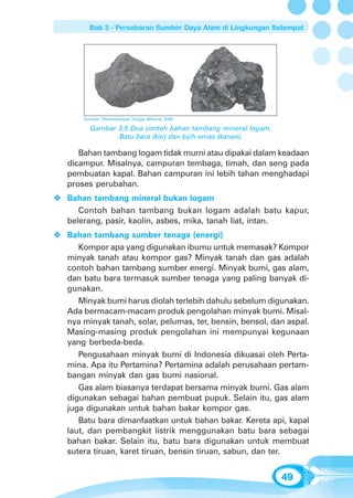Bab 3 - Persebaran Sumber Daya Alam di Lingkungan Setempat




    Sumber: Pertambangan hingga Mineral, 2000

      Gambar 3.5 Dua contoh bahan tambang mineral logam.
             Batu bara (kiri) dan bijih emas (kanan).

   Bahan tambang logam tidak murni atau dipakai dalam keadaan
dicampur. Misalnya, campuran tembaga, timah, dan seng pada
pembuatan kapal. Bahan campuran ini lebih tahan menghadapi
proses perubahan.
Bahan tambang mineral bukan logam
   Contoh bahan tambang bukan logam adalah batu kapur,
belerang, pasir, kaolin, asbes, mika, tanah liat, intan.
Bahan tambang sumber tenaga (energi)
   Kompor apa yang digunakan ibumu untuk memasak? Kompor
minyak tanah atau kompor gas? Minyak tanah dan gas adalah
contoh bahan tambang sumber energi. Minyak bumi, gas alam,
dan batu bara termasuk sumber tenaga yang paling banyak di-
gunakan.
   Minyak bumi harus diolah terlebih dahulu sebelum digunakan.
Ada bermacam-macam produk pengolahan minyak bumi. Misal-
nya minyak tanah, solar, pelumas, ter, bensin, bensol, dan aspal.
Masing-masing produk pengolahan ini mempunyai kegunaan
yang berbeda-beda.
   Pengusahaan minyak bumi di Indonesia dikuasai oleh Perta-
mina. Apa itu Pertamina? Pertamina adalah perusahaan pertam-
bangan minyak dan gas bumi nasional.
   Gas alam biasanya terdapat bersama minyak bumi. Gas alam
digunakan sebagai bahan pembuat pupuk. Selain itu, gas alam
juga digunakan untuk bahan bakar kompor gas.
   Batu bara dimanfaatkan untuk bahan bakar. Kereta api, kapal
laut, dan pembangkit listrik menggunakan batu bara sebagai
bahan bakar. Selain itu, batu bara digunakan untuk membuat
sutera tiruan, karet tiruan, bensin tiruan, sabun, dan ter.


                                                           49
 