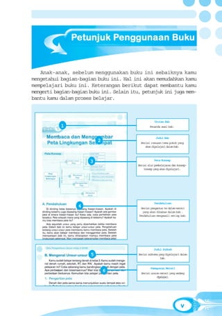 Anak-anak, sebelum menggunakan buku ini sebaiknya kamu
mengetahui bagian-bagian buku ini. Hal ini akan memudahkan kamu
mempelajari buku ini. Keterangan berikut dapat membantu kamu
mengerti bagian-bagian buku ini. Selain itu, petunjuk ini juga mem-
bantu kamu dalam proses belajar.



                                                       Urutan Bab
           1                                       Penanda awal bab.


                                                        Judul Bab
                            2                Berisi rumusan tema pokok yang
                                                akan dipelajari dalam bab.



                                                      Peta Konsep
                       3
                                           Berisi alur pembelajaran dan konsep-
                                               konsep yang akan dipelajari.




                                                      Pendahuluan
                  4                         Berisi pengantar ke dalam materi
                                             yang akan dibahas dalam bab .
                                           Pendahuluan mengawali setiap bab.




                                                      Judul Subbab
                        5                  Berisi subtema yang dipelajari dalam
                                                           bab.


                                                    Pemaparan Materi
                                6            Berisi uraian materi yang sedang
                                                        dpljr.
                                                         ieaai




                                                                          v
 