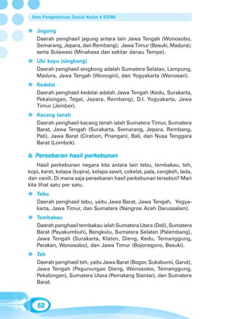 Ilmu Pengetahuan Sosial Kelas 4 SD/MI


   Jagung
   Daerah penghasil jagung antara lain Jawa Tengah (Wonosobo,
   Semarang, Jepara, dan Rembang); Jawa Timur (Besuki, Madura);
   serta Sulawesi (Minahasa dan sekitar danau Tempe).
   Ubi kayu (singkong)
   Daerah penghasil singkong adalah Sumatera Selatan, Lampung,
   Madura, Jawa Tengah (Wonogiri), dan Yogyakarta (Wonosari).
   Kedelai
   Daerah penghasil kedelai adalah Jawa Tengah (Kedu, Surakarta,
   Pekalongan, Tegal, Jepara, Rembang), D.I. Yogyakarta, Jawa
   Timur (Jember).
   Kacang tanah
   Daerah penghasil kacang tanah ialah Sumatera Timur, Sumatera
   Barat, Jawa Tengah (Surakarta, Semarang, Jepara, Rembang,
   Pati), Jawa Barat (Cirebon, Priangan), Bali, dan Nusa Tenggara
   Barat (Lombok).

   Persebar
    ersebaran       perk
b. Persebaran hasil perkebunan
    Hasil perkebunan negara kita antara lain tebu, tembakau, teh,
kopi, karet, kelapa (kopra), kelapa sawit, cokelat, pala, cengkeh, lada,
dan vanili. Di mana saja persebaran hasil perkebunan tersebut? Mari
kita lihat satu per satu.
   Tebu
   Daerah penghasil tebu, yaitu Jawa Barat, Jawa Tengah, Yogya-
   karta, Jawa Timur, dan Sumatera (Nangroe Aceh Darussalam).
   Tembakau
   Daerah penghasil tembakau ialah Sumatera Utara (Deli), Sumatera
   Barat (Payakumbuh), Bengkulu, Sumatera Selatan (Palembang),
   Jawa Tengah (Surakarta, Klaten, Dieng, Kedu, Temanggung,
   Parakan, Wonosobo), dan Jawa Timur (Bojonegoro, Besuki).
   Teh
   Daerah penghasil teh, yaitu Jawa Barat (Bogor, Sukabumi, Garut),
   Jawa Tengah (Pegunungan Dieng, Wonosobo, Temanggung,
   Pekalongan), Sumatera Utara (Pematang Siantar), dan Sumatera
   Barat.



    52
 