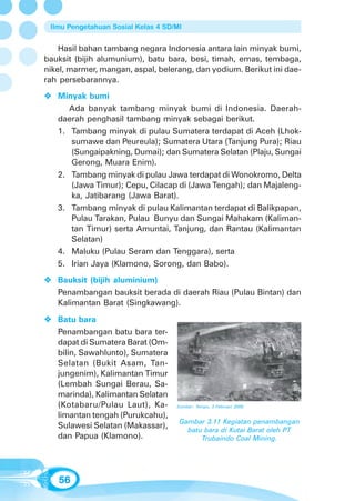Ilmu Pengetahuan Sosial Kelas 4 SD/MI


    Hasil bahan tambang negara Indonesia antara lain minyak bumi,
bauksit (bijih alumunium), batu bara, besi, timah, emas, tembaga,
nikel, marmer, mangan, aspal, belerang, dan yodium. Berikut ini dae-
rah persebarannya.
   Minyak bumi
      Ada banyak tambang minyak bumi di Indonesia. Daerah-
   daerah penghasil tambang minyak sebagai berikut.
   1. Tambang minyak di pulau Sumatera terdapat di Aceh (Lhok-
      sumawe dan Peureula); Sumatera Utara (Tanjung Pura); Riau
      (Sungaipakning, Dumai); dan Sumatera Selatan (Plaju, Sungai
      Gerong, Muara Enim).
   2. Tambang minyak di pulau Jawa terdapat di Wonokromo, Delta
      (Jawa Timur); Cepu, Cilacap di (Jawa Tengah); dan Majaleng-
      ka, Jatibarang (Jawa Barat).
   3. Tambang minyak di pulau Kalimantan terdapat di Balikpapan,
      Pulau Tarakan, Pulau Bunyu dan Sungai Mahakam (Kaliman-
      tan Timur) serta Amuntai, Tanjung, dan Rantau (Kalimantan
      Selatan)
   4. Maluku (Pulau Seram dan Tenggara), serta
   5. Irian Jaya (Klamono, Sorong, dan Babo).
   Bauksit (bijih aluminium)
   Penambangan bauksit berada di daerah Riau (Pulau Bintan) dan
   Kalimantan Barat (Singkawang).

   Batu bara
   Penambangan batu bara ter-
   dapat di Sumatera Barat (Om-
   bilin, Sawahlunto), Sumatera
   Selatan (Bukit Asam, Tan-
   jungenim), Kalimantan Timur
   (Lembah Sungai Berau, Sa-
   marinda), Kalimantan Selatan
   (Kotabaru/Pulau Laut), Ka-       Sumber: Tempo, 3 Februari 2008.

   limantan tengah (Purukcahu),
                                     Gambar 3.11 Kegiatan penambangan
   Sulawesi Selatan (Makassar),
                                       batu bara di Kutai Barat oleh PT
   dan Papua (Klamono).                    Trubaindo Coal Mining.




   56
 