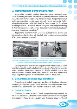 Bab 3 - Persebaran Sumber Daya Alam di Lingkungan Setempat


D. Memanfaatkan Sumber Daya Alam
   Memanfaatkan
         aatk          Day
     Negara kita memiliki sumber daya alam yang berlimpah ruah.
Untuk apa kekayaan alam itu? Seharusnya kekayaan alam dimanfaat-
kan untuk kemakmuran bersama. Yang dimaksud dengan kemakmur-
an bersama adalah kemakmuran seluruh rakyat Indonesia. Hal ini
telah diatur di dalam UUD 1945 Bab XIV, Pasal 33 ayat (3). Bunyi ayat
ini sebagai berikut. “Bumi dan air dan kekayaan alam yang terkandung
di dalamnya dikuasai oleh negara dan dipergunakan untuk sebesar-
besarnya kemakmuran rakyat.”
     Bagaimana memanfaatkan kekayaan sumber daya alam? Mari
kita amati gambar berikut ini! Apakah ada kegiatan memanfaatkan
SDA dalam gambar tersebut?




 Sumber: Indonesian Heritage 2, Manusia dan Lingkungan   Sumber: Indonesian Heritage 2, Manusia dan Lingkungan

 Gambar 3.12 Membajak sawah (kiri) dan memanen udang di tambak (kanan).
      Sumber daya alam apa yang dimanfaatkan dalam kegiatan itu?

    Dalam gambar di atas tampak kegiatan memanfaakan SDA. Mem-
bajak tanah adalah salah satu kegiatan pertanian. Kegiatan itu meman-
faakan sumber daya alam, yaitu tanah. Usaha tambak udang juga
memanfaatkan sumber daya alam, yaitu air. Mari kita bahas lebih
lanjut kegiatan-kegiatan memanfaatkan sumber daya alam.

   Memanfaak
         aakan        day
1. Memanfaakan sumber daya alam tanah
   Tanah banyak sekali kegunaannya. Banyak kegiatan ekonomi
yang sangat tergantung pada tanah. Di antaranya kegiatan pertanian,
perkebunan, peternakan, dan industri berbahan baku tanah.
a. Usaha pertanian
    Tanah air kita terkenal subur. Tanah yang subur sangat cocok un-
tuk usaha pertanian. Ada bermacam-macam pertanian. Misalnya per-
tanian padi, ubi kayu (singkong), palawija, dan sayur-sayuran. Contoh


                                                                                                      59
 