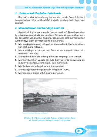 Bab 3 - Persebaran Sumber Daya Alam di Lingkungan Setempat


d. Usaha industri berbahan baku tanah
   Banyak produk industri yang terbuat dari tanah. Contoh industri
dengan bahan baku tanah adalah industri genting, batu bata, dan
gerabah.

   Memanfaak
         aakan        day
2. Memanfaakan sumber daya alam air
    Apakah di lingkunganmu ada daerah perairan? Daerah perairan
itu misalanya sungai, danau, dan laut. Ternyata air merupakan sum-
ber daya alam yang sangat berguna. Bagaimana cara memanfaatkan
sumber daya alam air? Berikut ini di antaranya.
1. Menangkap ikan yang hidup di air secara alami. Usaha ini dilaku-
    kan oleh para nelayan.
2. Membudidayakan rumput laut. Rumput laut menjadi bahan baku
    makanan dan obat.
3. Memelihara ikan dan udang di kolam, empang, dan tambak.
4. Mengembangkan wisata air. Ada banyak jenis pariwisata air,
    misalnya selancar, arum jeram, dan menyelam.
5. Menjadikan air sebagai sarana transportasi.
6. Membangun pembangkit listrik tenaga air (PLTA).
7. Membangun irigasi untuk usaha pertanian.




        Sumber: Ensiklopedi Indonesia Seri Geografi



         Gambar 3.13 Suasana Sungai Kapuas di Kalimantan Barat.
             Air bisa digunakan sebagai sarana transportasi.




                                                                  61
 