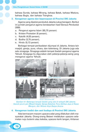 Ilmu Pengetahuan Sosial Kelas 4 SD/MI


   bahasa Sunda, bahasa Minang, bahasa Batak, bahasa Madura,
   bahasa Bugis, dan bahasa Tionghoa.
3. Keragaman agama dan kepercayaan di Provinsi DKI Jakarta
       Agama yang dipeluk penduduk Jakarta cukup beragam. Berikut
   ini jumlah penganut agama berdasarkan hasil Sensus Penduduk
   2000.
   a. Penganut agama Islam (85,75 persen)
   b. Kristen Protestan (6 persen),
   c. Katolik (4,03 persen),
   d. Budha (3,75 persen),
   e. Hindu (0,13 persen).
       Berbagai tempat peribadatan dijumpai di Jakarta. Antara lain
   masjid, gereja, pura, vihara, dan kelenteng. Di Jakarta juga ada
   satu sinagoga. Sinagoga adalah tempat ibadah penganut agama
   Yahudi. Sinagoga itu digunakan oleh pekerja-pekerja asing yang
   menganut agama Yahudi.




   Sumber: www.flickr.com                   Sumber: www.flickr.com




    Sumber: Dokumentasi GPM    Sumber: Dokumentasi GPM

    Gambar 4.1 Beberapa tempat ibadah yang ada di wilayah DKI Jakarta.
 Searah jarum jam Masjid Istiglal, Gereja Katedral, Pura Adhitya Jaya di Rawa
                 Mangun, dan Wihara Arya Dwipa Arama.

4. Keragaman tradisi dan seni budaya di Provinsi DKI Jakarta
      Ada bermacam-macam upacara adat yang dilakukan oleh ma-
   syarakat Jakarta. Orang-orang Betawi melakukan upacara sela-
   matan nuju bulanin atau kekeba, upacara kerik tangan, khitanan


   70
 