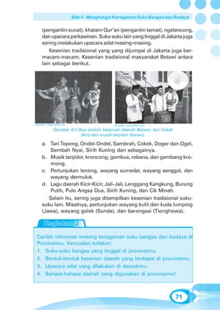 Bab 4 - Menghargai Keragaman Suku Bangsa dan Budaya


    (pengantin sunat), khatam Qur’an (pengantin tamat), ngelancong,
    dan upacara perkawinan. Suku-suku lain yang tinggal di Jakarta juga
    sering melakukan upacara adat masing-masing.
        Kesenian tradisional yang yang dijumpai di Jakarta juga ber-
    macam-macam. Kesenian tradisional masyarakat Betawi antara
    lain sebagai berikut.




Sumber: www.flickr.com                     Sumber: www.flickr.com
             Gambar 4.2 Dua contoh kesenian daerah Betawi, tari Cokek
                         (kiri) dan musik tanjidor (kanan).

    a. Tari Topeng, Ondel-Ondel, Sambrah, Cokek, Doger dan Ogel,
       Sembah Nyai, Sirih Kuning dan sebagainya.
    b. Musik tanjidor, kroncong, gambus, rebana, dan gambang kro-
       mong.
    c. Pertunjukan lenong, wayang sumedar, wayang senggol, dan
       wayang dermuluk.
    d. Lagu daerah Kicir-Kicir, Jali-Jali, Lenggang Kangkung, Burung
       Putih, Pulo Angsa Dua, Sirih Kuning, dan Cik Minah.
       Selain itu, sering juga ditampilkan kesenian tradisional suku-
    suku lain. Misalnya, pertunjukan wayang kulit dan kuda lumping
    (Jawa), wayang golek (Sunda), dan barongsai (Tionghowa).




Carilah informasi tentang keragaman suku bangsa dan budaya di
Provinsimu. Kemudian tuliskan:
1. Suku-suku bangsa yang tinggal di provinsimu.
2. Bentuk-bentuk kesenian daerah yang terdapat di provinsimu.
3. Upacara adat yang dilakukan di daerahmu.
4. Bahasa-bahasa daerah yang digunakan di provinsimu!



                                                                        71
 