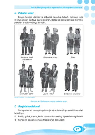 Bab 4 - Menghargai Keragaman Suku Bangsa dan Budaya


    akaian adat
e. Pakaian adat
   Selain fungsi utamanya sebagai penutup tubuh, pakaian juga
menunjukkan budaya suatu daerah. Berbagai suku bangsa memiliki
pakaian tradisionalnya sendiri.




           Nangroe Aceh                   Sumatera Utara                Riau
            Darussalam




         Kalimatan Barat                  Jawa Timur             Sulawesi Tenggara
Sumber: Wibisono, C.Y., Atlas Lengkap


                             Gambar 4.8 Beberapa contoh pakaian adat.

f. Senjata tradisional
   Setiap daerah mempunyai senjata tradisionalnya sendiri-sendiri.
Misalnya:
   Badik, golok, trisula, keris, dan tombak sering dipakai orang Betawi
   Rencong adalah senjata tradisional dari Aceh



                                                                               77
 