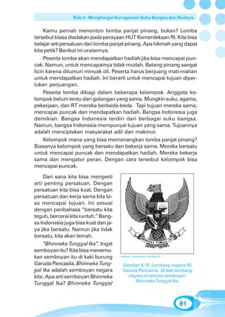Bab 4 - Menghargai Keragaman Suku Bangsa dan Budaya


     Kamu pernah menonton lomba panjat pinang, bukan? Lomba
tersebut biasa diadakan pada perayaan HUT Kemerdekaan RI. Kita bisa
belajar arti persatuan dari lomba panjat pinang. Apa hikmah yang dapat
kita petik? Berikut ini uraiannya.
     Peserta lomba akan mendapatkan hadiah jika bisa mencapai pun-
cak. Namun, untuk mencapainya tidak mudah. Batang pinang sangat
licin karena dilumuri minyak oli. Peserta harus berjuang mati-matian
untuk mendapatkan hadiah. Ini berarti untuk mencapai tujuan diper-
lukan perjuangan.
     Peserta lomba dibagi dalam beberapa kelompok. Anggota ke-
lompok belum tentu dari golongan yang sama. Mungkin suku, agama,
pekerjaan, dan RT mereka berbeda-beda. Tapi tujuan mereka sama,
mencapai puncak dan mendapatkan hadiah. Bangsa Indonesia juga
demikian. Bangsa Indonesia terdiri dari berbagai suku bangsa.
Namun, bangsa Indonesia mempunyai tujuan yang sama. Tujuannya
adalah menciptakan masyarakat adil dan makmur.
     Kelompok mana yang bisa memenangkan lomba panjat pinang?
Biasanya kelompok yang bersatu dan bekerja sama. Mereka bersatu
untuk mencapai puncak dan mendapatkan hadiah. Mereka bekerja
sama dan mengatur peran. Dengan cara tersebut kelompok bisa
mencapai puncak.

    Dari sana kita bisa mengerti
arti penting persatuan. Dengan
persatuan kita bisa kuat. Dengan
persatuan dan kerja sama kita bi-
sa mencapai tujuan. Ini sesuai
dengan peribahasa “bersatu kita
teguh, bercerai kita runtuh.” Bang-
sa Indonesia juga bisa kuat dan ja-
ya jika bersatu. Namun jika tidak
bersatu, kita akan lemah.
    “Bhinneka Tunggal Ika”. Ingat
semboyan itu? Kita bisa menemu-
kan semboyan itu di kaki burung       Sumber: Indonesian Heritage 9

Garuda Pancasila. Bhinneka Tung-       Gambar 4.10 Lambang negara RI,
gal Ika adalah semboyan negara         Garuda Pancasila. Di kaki lambang
kita. Apa arti semboyan Bhinneka         negara ini tertulis semboyan:
                                            Bhinneka Tunggal Ika.
Tunggal Ika? Bhinneka Tunggal


                                                                      81
 