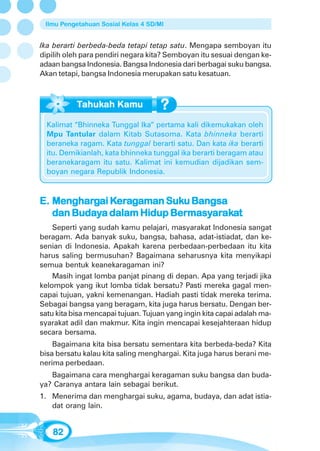 Ilmu Pengetahuan Sosial Kelas 4 SD/MI


Ika berarti berbeda-beda tetapi tetap satu. Mengapa semboyan itu
dipilih oleh para pendiri negara kita? Semboyan itu sesuai dengan ke-
adaan bangsa Indonesia. Bangsa Indonesia dari berbagai suku bangsa.
Akan tetapi, bangsa Indonesia merupakan satu kesatuan.




  Kalimat “Bhinneka Tunggal Ika” pertama kali dikemukakan oleh
  Mpu Tantular dalam Kitab Sutasoma. Kata bhinneka berarti
  beraneka ragam. Kata tunggal berarti satu. Dan kata ika berarti
  itu. Demikianlah, kata bhinneka tunggal ika berarti beragam atau
  beranekaragam itu satu. Kalimat ini kemudian dijadikan sem-
  boyan negara Republik Indonesia.



   Mengharg Kerera       Suku
E. Menghargai Keragaman Suku Bangsa
       Buday              Bermasyaraka
                                 arak
   dan Budaya dalam Hidup Bermasyarakat
    Seperti yang sudah kamu pelajari, masyarakat Indonesia sangat
beragam. Ada banyak suku, bangsa, bahasa, adat-istiadat, dan ke-
senian di Indonesia. Apakah karena perbedaan-perbedaan itu kita
harus saling bermusuhan? Bagaimana seharusnya kita menyikapi
semua bentuk keanekaragaman ini?
    Masih ingat lomba panjat pinang di depan. Apa yang terjadi jika
kelompok yang ikut lomba tidak bersatu? Pasti mereka gagal men-
capai tujuan, yakni kemenangan. Hadiah pasti tidak mereka terima.
Sebagai bangsa yang beragam, kita juga harus bersatu. Dengan ber-
satu kita bisa mencapai tujuan. Tujuan yang ingin kita capai adalah ma-
syarakat adil dan makmur. Kita ingin mencapai kesejahteraan hidup
secara bersama.
    Bagaimana kita bisa bersatu sementara kita berbeda-beda? Kita
bisa bersatu kalau kita saling menghargai. Kita juga harus berani me-
nerima perbedaan.
   Bagaimana cara menghargai keragaman suku bangsa dan buda-
ya? Caranya antara lain sebagai berikut.
1. Menerima dan menghargai suku, agama, budaya, dan adat istia-
   dat orang lain.


   82
 